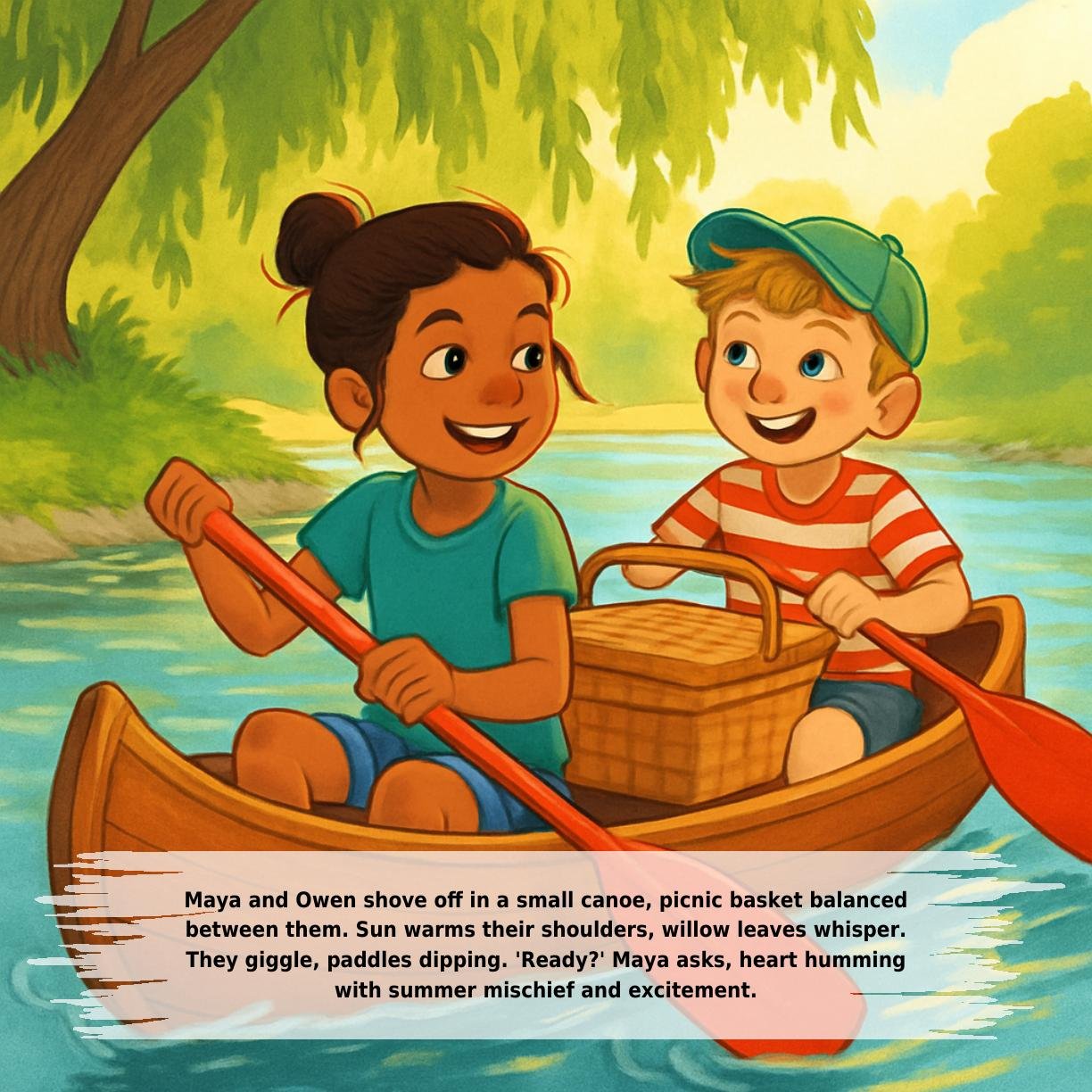 Maya and Owen shove off in a small canoe, picnic basket balanced
between them. Sun warms their shoulders, willow leaves whisper.
They giggle, paddles dipping. 'Ready?' Maya asks, heart humming
with summer mischief and excitement.
