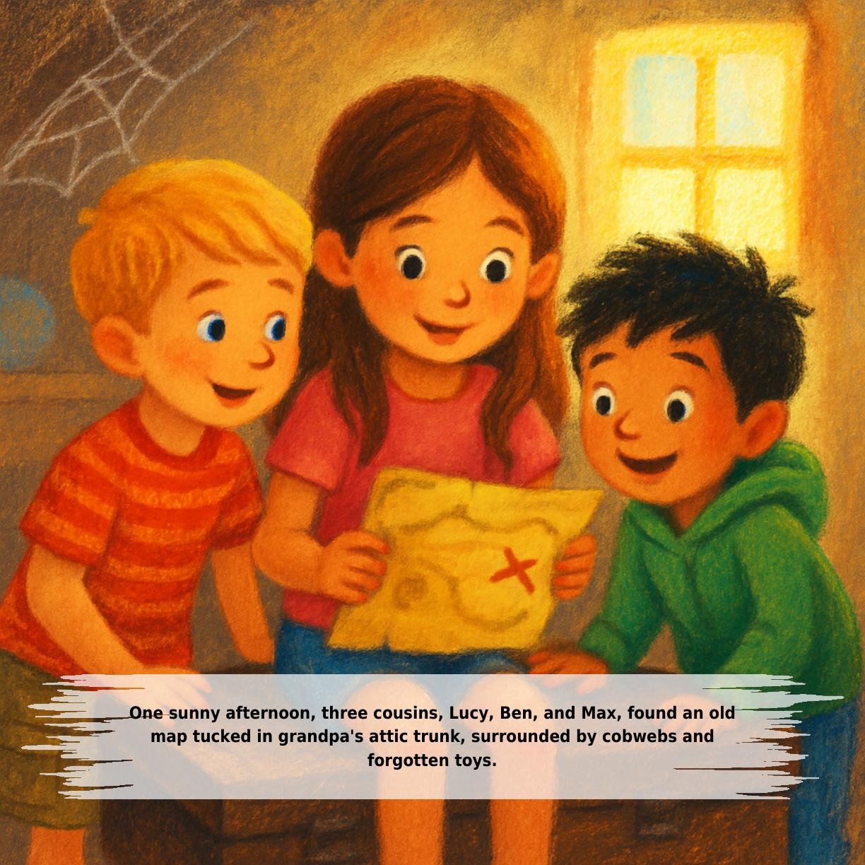 One sunny afternoon, three cousins, Lucy, Ben, and Max, found an old
map tucked in grandpa's attic trunk, surrounded by cobwebs and
forgotten toys.