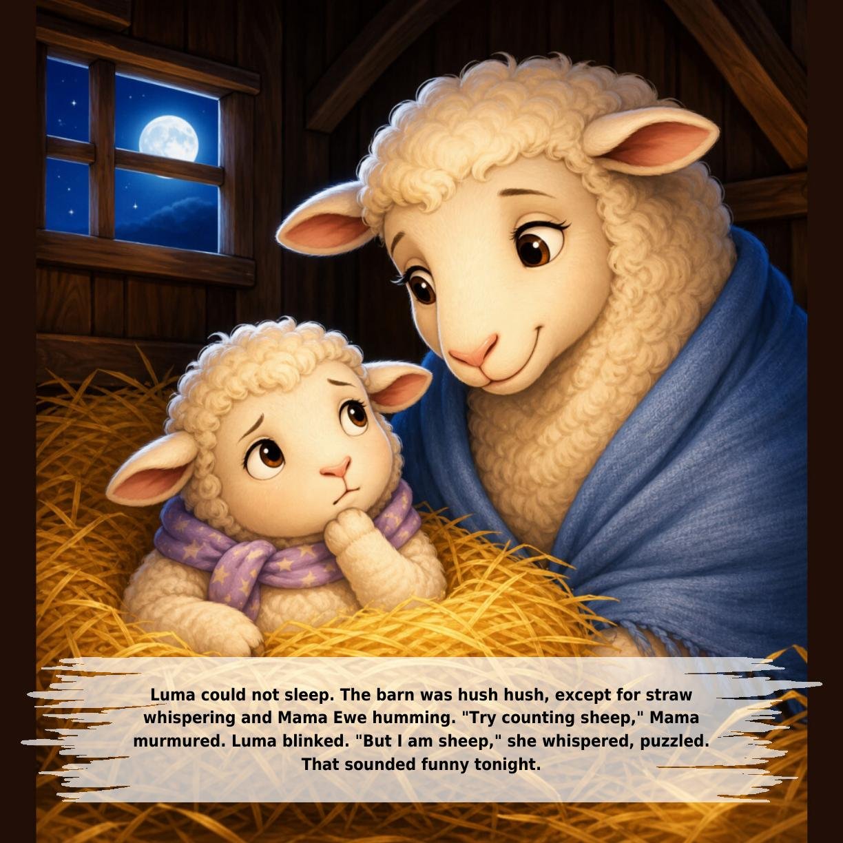 Luma could not sleep. The barn was hush hush, except for straw
whispering and Mama Ewe humming. "Try counting sheep," Mama
murmured. Luma blinked. "But I am sheep," she whispered, puzzled.
That sounded funny tonight.