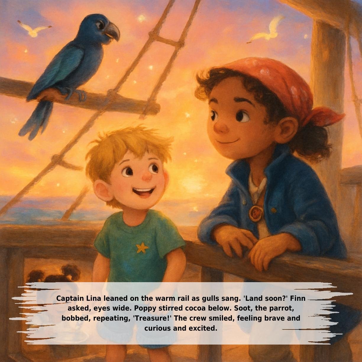 Captain Lina leaned on the warm rail as gulls sang. 'Land soon?' Finn
asked, eyes wide. Poppy stirred cocoa below. Soot, the parrot,
bobbed, repeating, 'Treasure!' The crew smiled, feeling brave and
curious and excited.