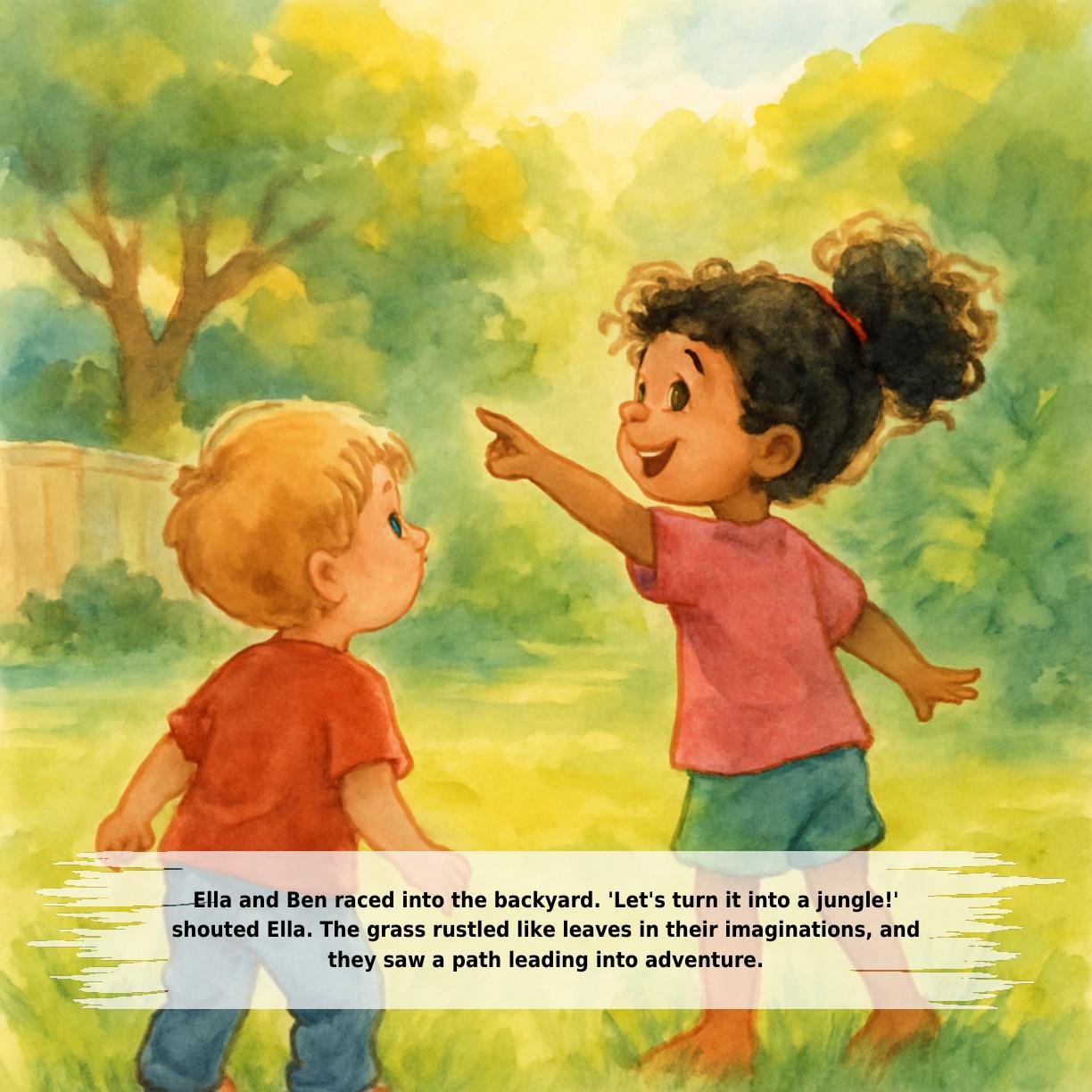 Ella and Ben raced into the backyard. 'Let's turn it into a jungle!'
shouted Ella. The grass rustled like leaves in their imaginations, and
they saw a path leading into adventure.