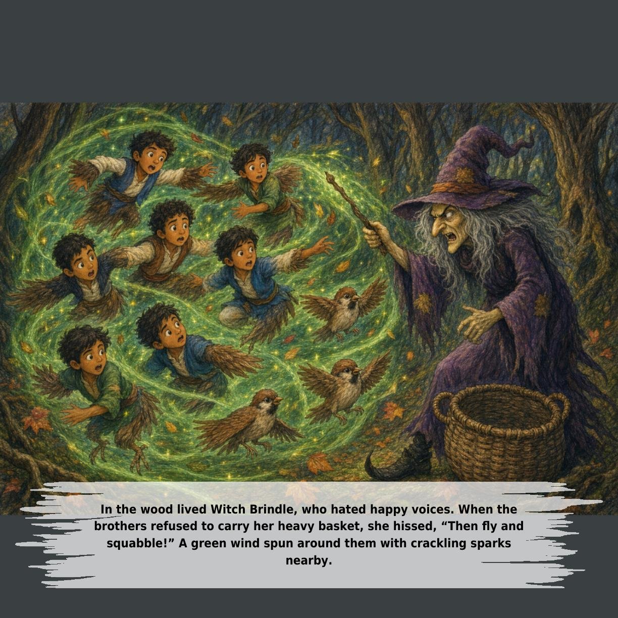 In the wood lived Witch Brindle, who hated happy voices. When the
brothers refused to carry her heavy basket, she hissed, “Then fly and
squabble!” A green wind spun around them with crackling sparks
nearby.