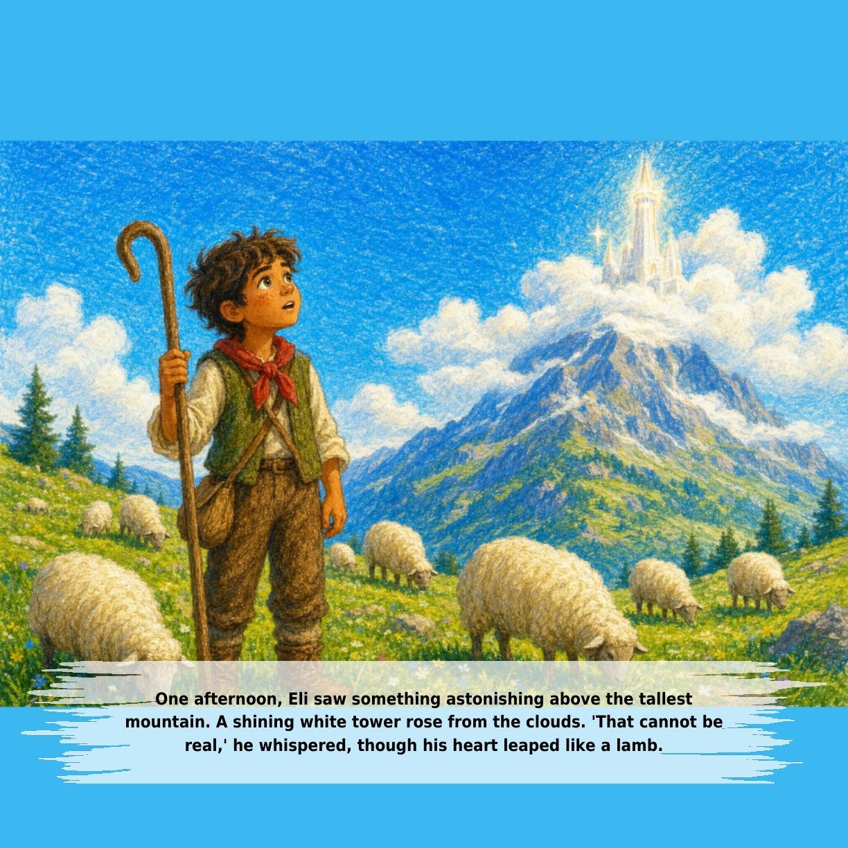 One afternoon, Eli saw something astonishing above the tallest
mountain. A shining white tower rose from the clouds. 'That cannot be
real,' he whispered, though his heart leaped like a lamb.
