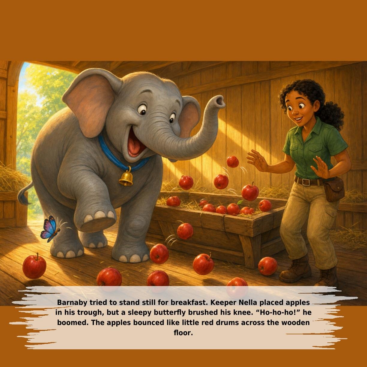 Barnaby tried to stand still for breakfast. Keeper Nella placed apples
in his trough, but a sleepy butterfly brushed his knee. “Ho-ho-ho!” he
boomed. The apples bounced like little red drums across the wooden
floor.