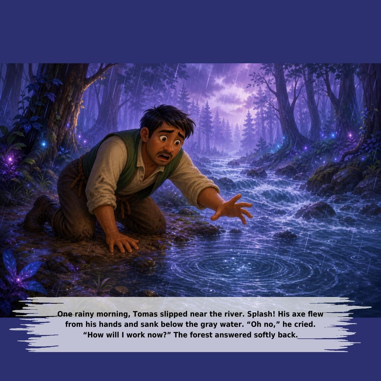 One rainy morning, Tomas slipped near the river. Splash! His axe flew
from his hands and sank below the gray water. “Oh no,” he cried.
“How will I work now?” The forest answered softly back.