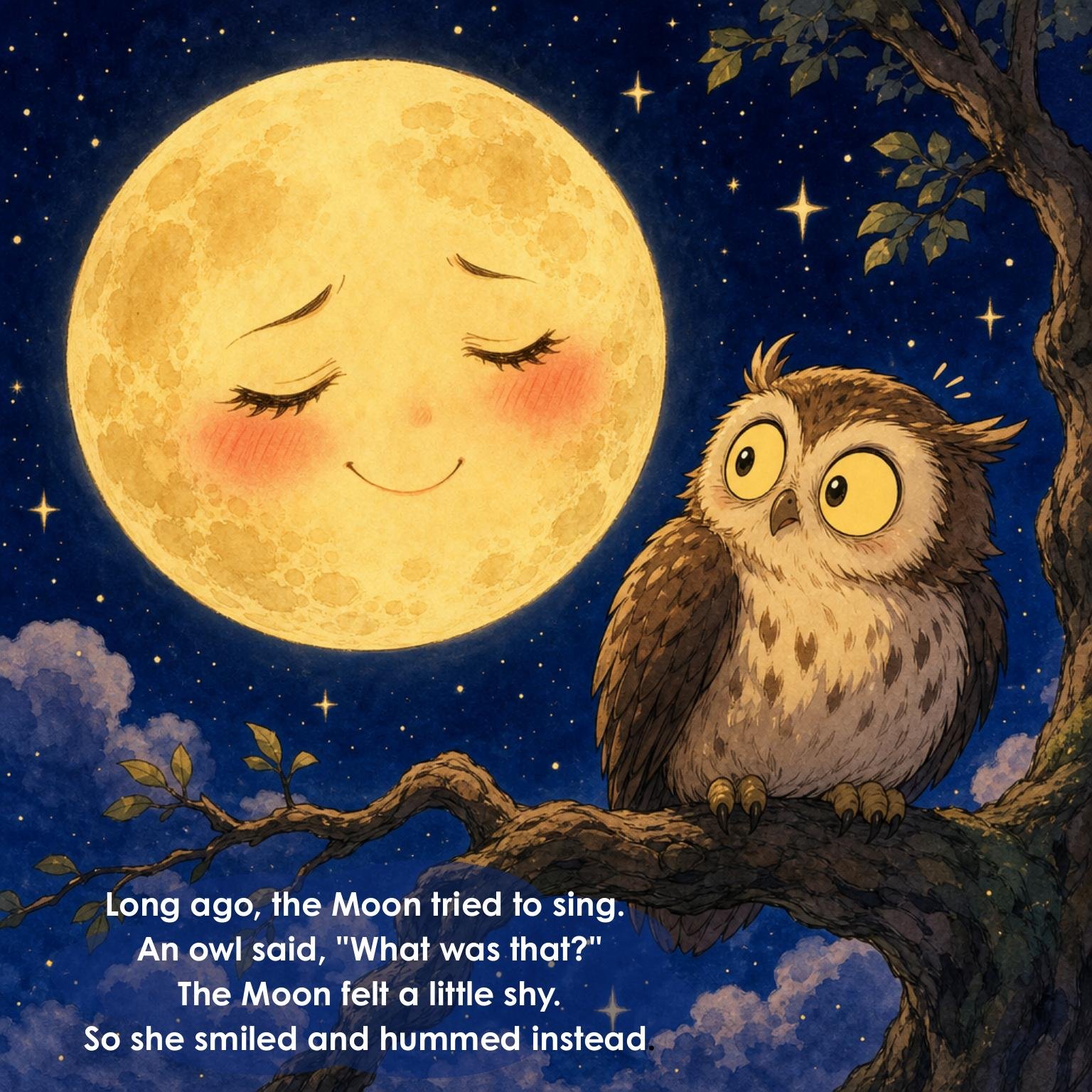 Long ago, the Moon tried to sing.
An owl said, "What was that?"
The Moon felt a little shy.
So she smiled and hummed instead.