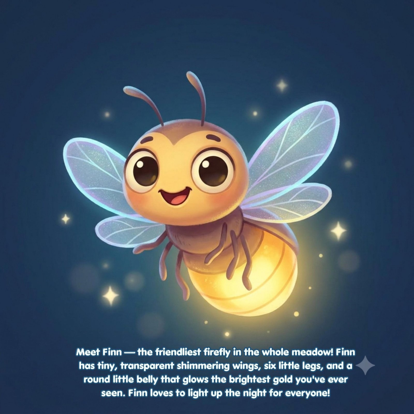Met F in — the friendliest firefly in the whole meadow! F in
has tiny, transparent shimering wings, six litle legs, and a
round litle bely that glows the brightest gold you've ever
sen. F in loves to light up the night for everyone!
