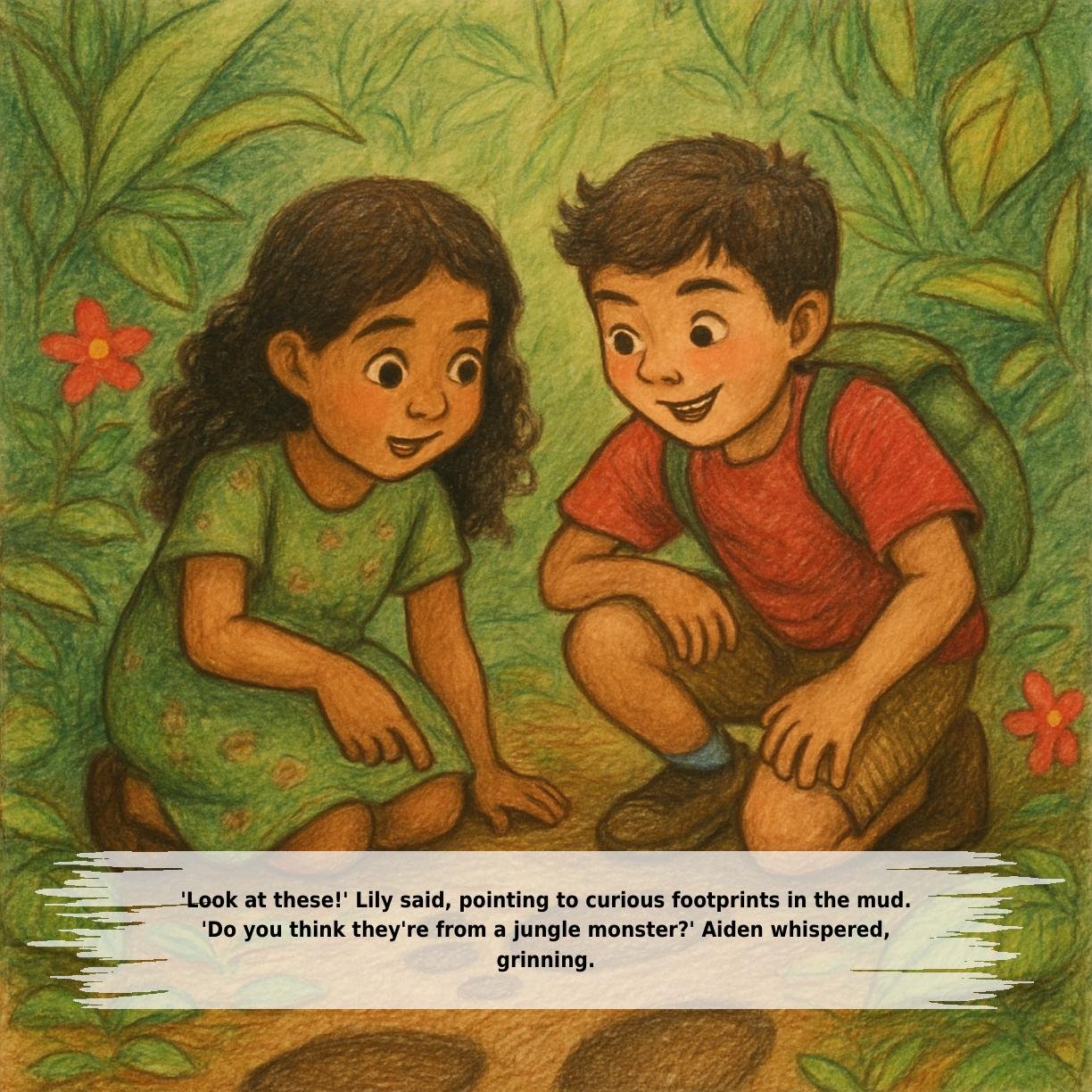 'Look at these!' Lily said, pointing to curious footprints in the mud.
'Do you think they're from a jungle monster?' Aiden whispered,
grinning.