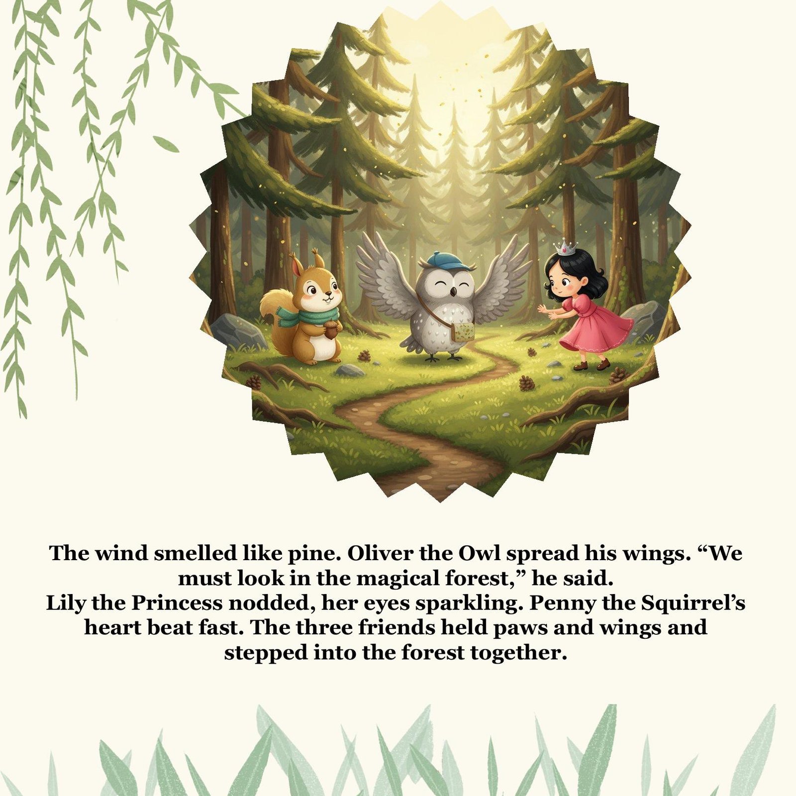 The wind smelled like pine. Oliver the Owl spread his wings. “We
must look in the magical forest,” he said.
Lily the Princess nodded, her eyes sparkling. Penny the Squirrel’s
heart beat fast. The three friends held paws and wings and
stepped into the forest together.