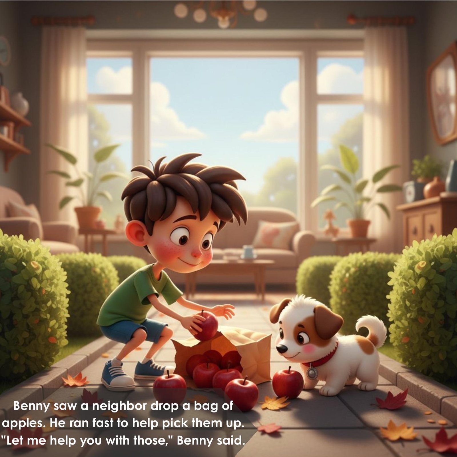 Benny saw a neighbor drop a bag of
apples. He ran fast to help pick them up.
"Let me help you with those," Benny said.