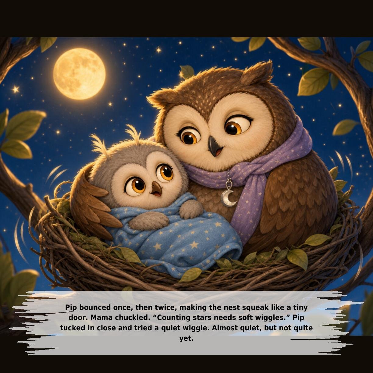 Pip bounced once, then twice, making the nest squeak like a tiny
door. Mama chuckled. “Counting stars needs soft wiggles.” Pip
tucked in close and tried a quiet wiggle. Almost quiet, but not quite
yet.