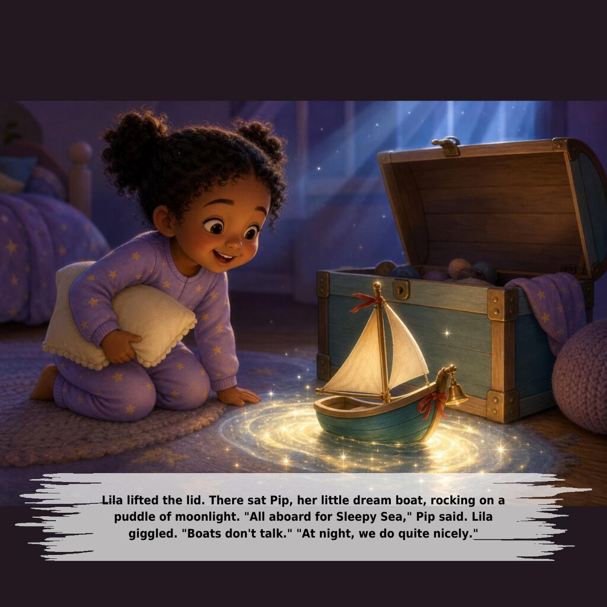 Lila lifted the lid. There sat Pip, her little dream boat, rocking on a
puddle of moonlight. "All aboard for Sleepy Sea," Pip said. Lila
giggled. "Boats don't talk." "At night, we do quite nicely."