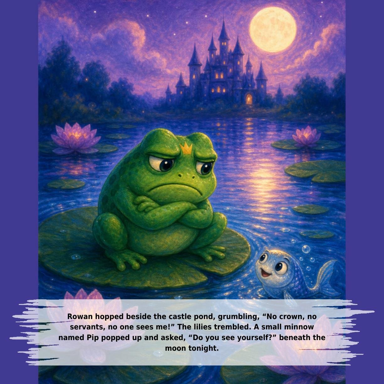 Rowan hopped beside the castle pond, grumbling, “No crown, no
servants, no one sees me!” The lilies trembled. A small minnow
named Pip popped up and asked, “Do you see yourself?” beneath the
moon tonight.