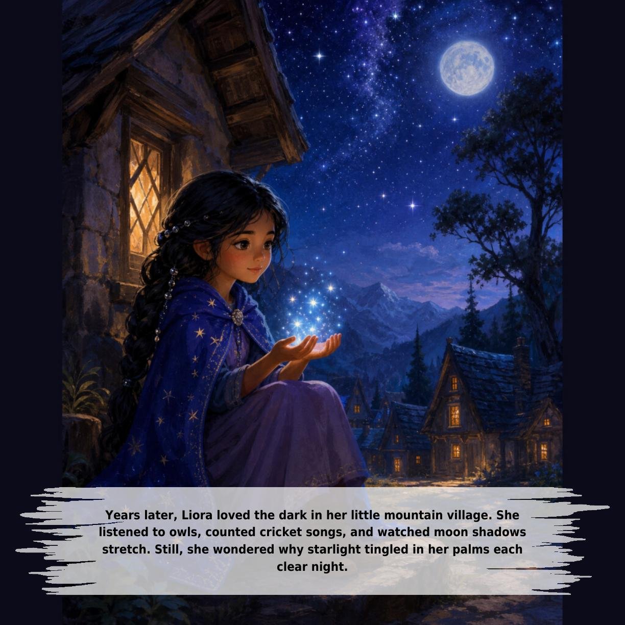 Years later, Liora loved the dark in her little mountain village. She
listened to owls, counted cricket songs, and watched moon shadows
stretch. Still, she wondered why starlight tingled in her palms each
clear night.
