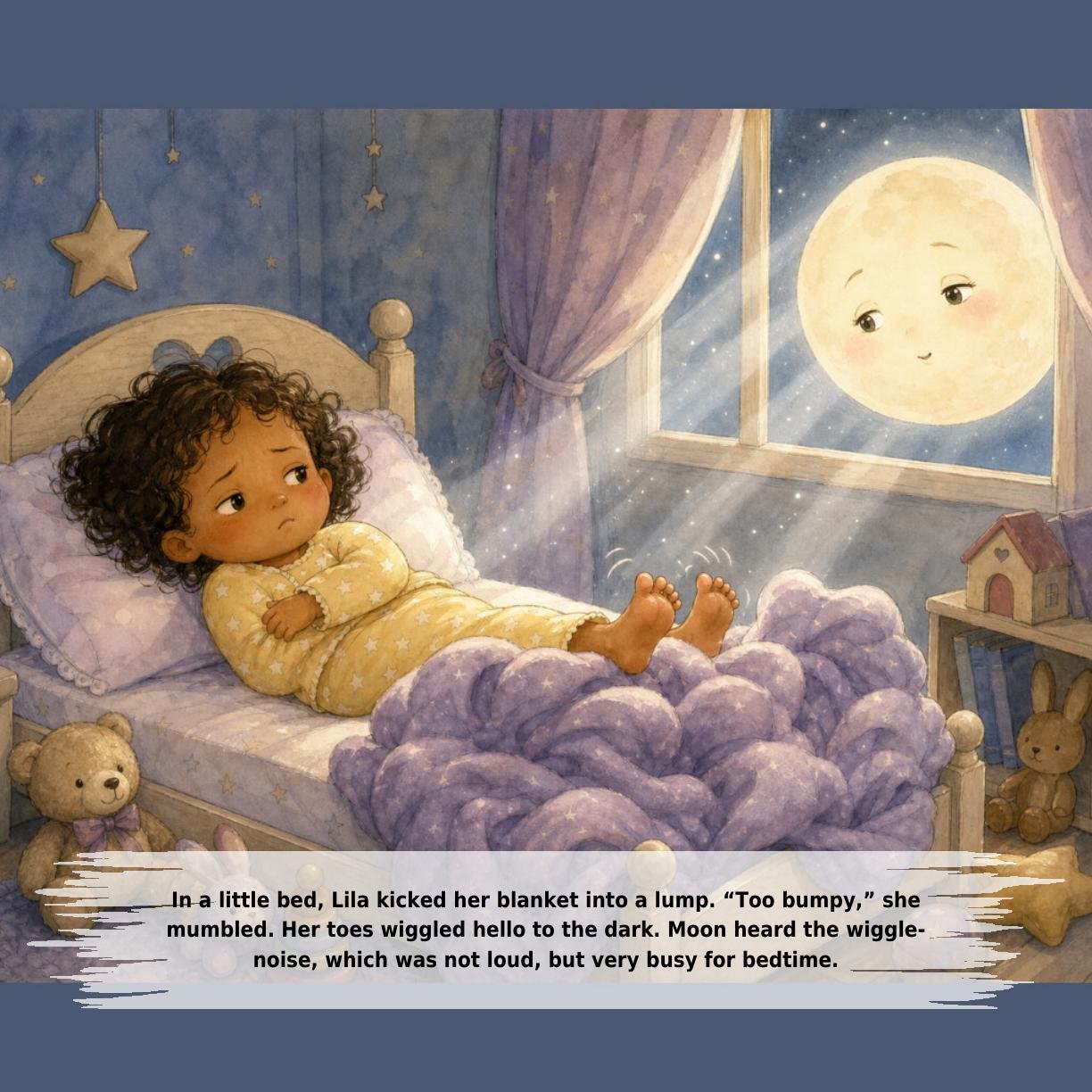 In a little bed, Lila kicked her blanket into a lump. “Too bumpy,” she
mumbled. Her toes wiggled hello to the dark. Moon heard the wiggle-
noise, which was not loud, but very busy for bedtime.