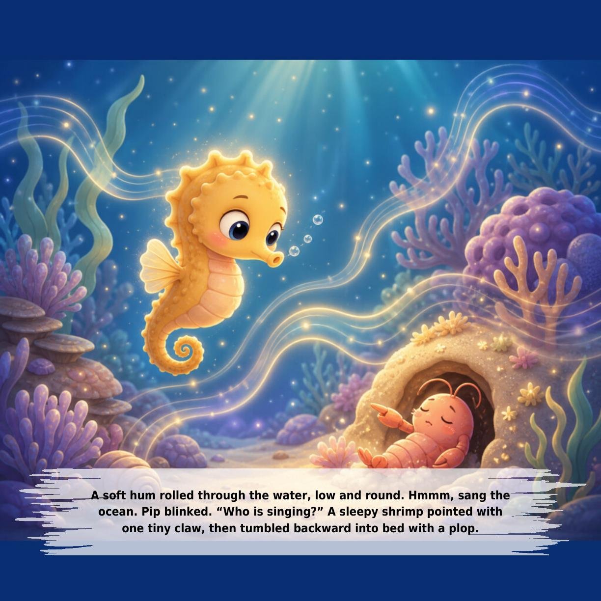 A soft hum rolled through the water, low and round. Hmmm, sang the
ocean. Pip blinked. “Who is singing?” A sleepy shrimp pointed with
one tiny claw, then tumbled backward into bed with a plop.