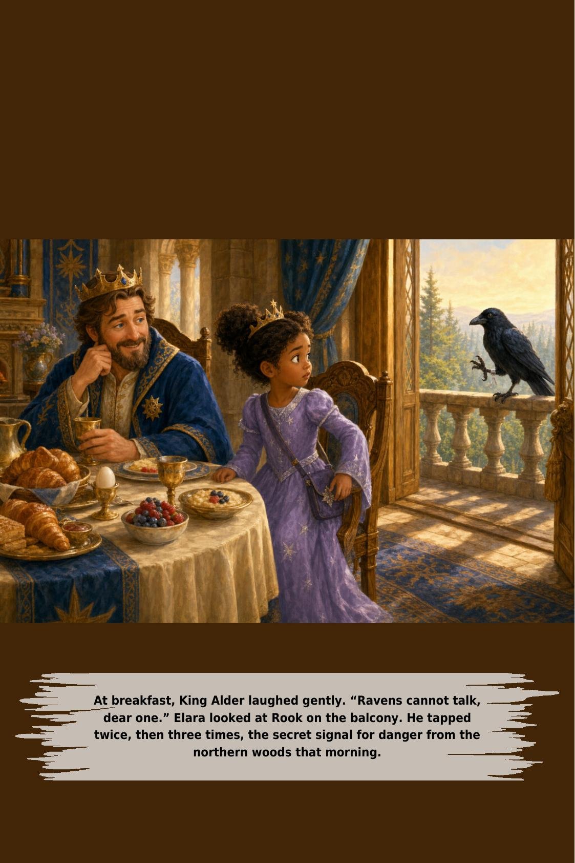At breakfast, King Alder laughed gently. “Ravens cannot talk,
dear one.” Elara looked at Rook on the balcony. He tapped
twice, then three times, the secret signal for danger from the
northern woods that morning.