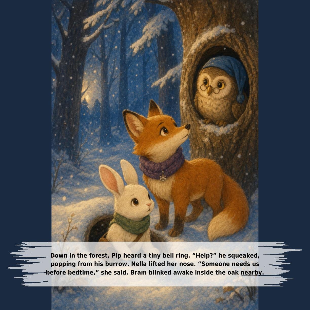 Down in the forest, Pip heard a tiny bell ring. “Help?” he squeaked,
popping from his burrow. Nella lifted her nose. “Someone needs us
before bedtime,” she said. Bram blinked awake inside the oak nearby.