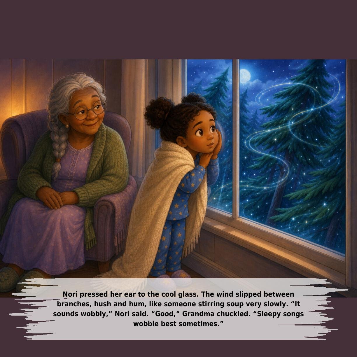 Nori pressed her ear to the cool glass. The wind slipped between
branches, hush and hum, like someone stirring soup very slowly. “It
sounds wobbly,” Nori said. “Good,” Grandma chuckled. “Sleepy songs
wobble best sometimes.”