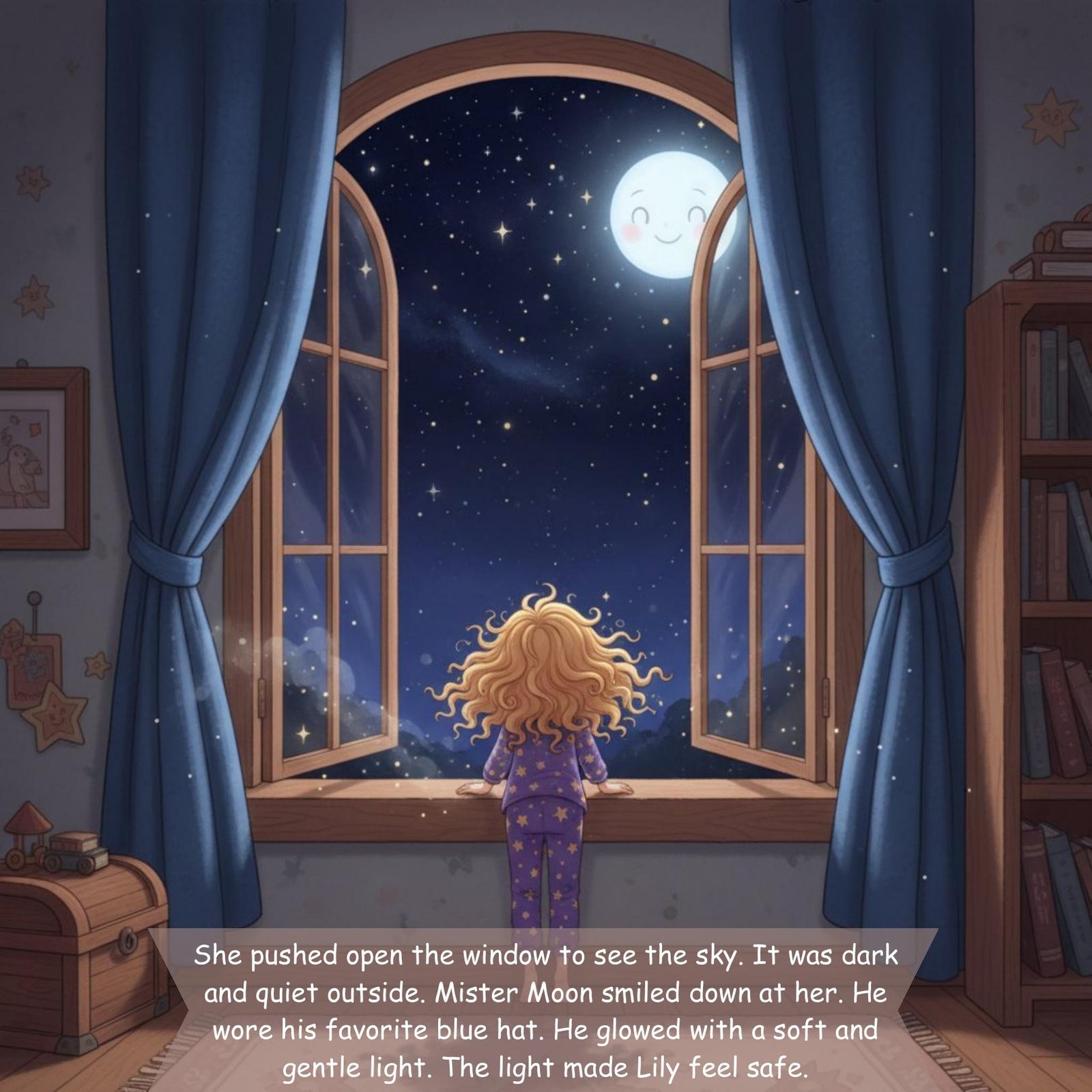 She pushed open the window to see the sky. It was dark
and quiet outside. Mister Moon smiled down at her. He
wore his favorite blue hat. He glowed with a soft and
gentle light. The light made Lily feel safe.