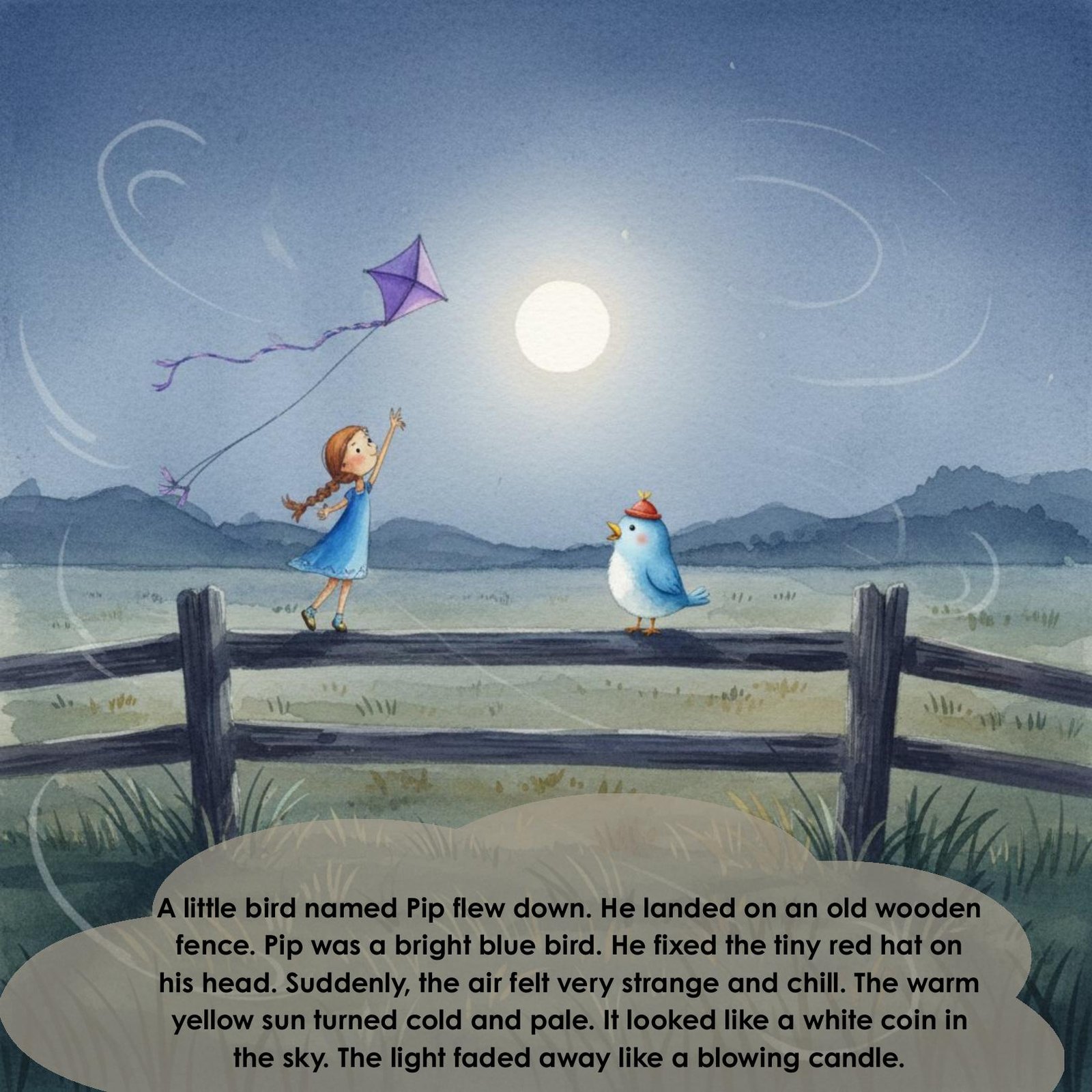A little bird named Pip flew down. He landed on an old wooden
fence. Pip was a bright blue bird. He fixed the tiny red hat on
his head. Suddenly, the air felt very strange and chill. The warm
yellow sun turned cold and pale. It looked like a white coin in
the sky. The light faded away like a blowing candle.