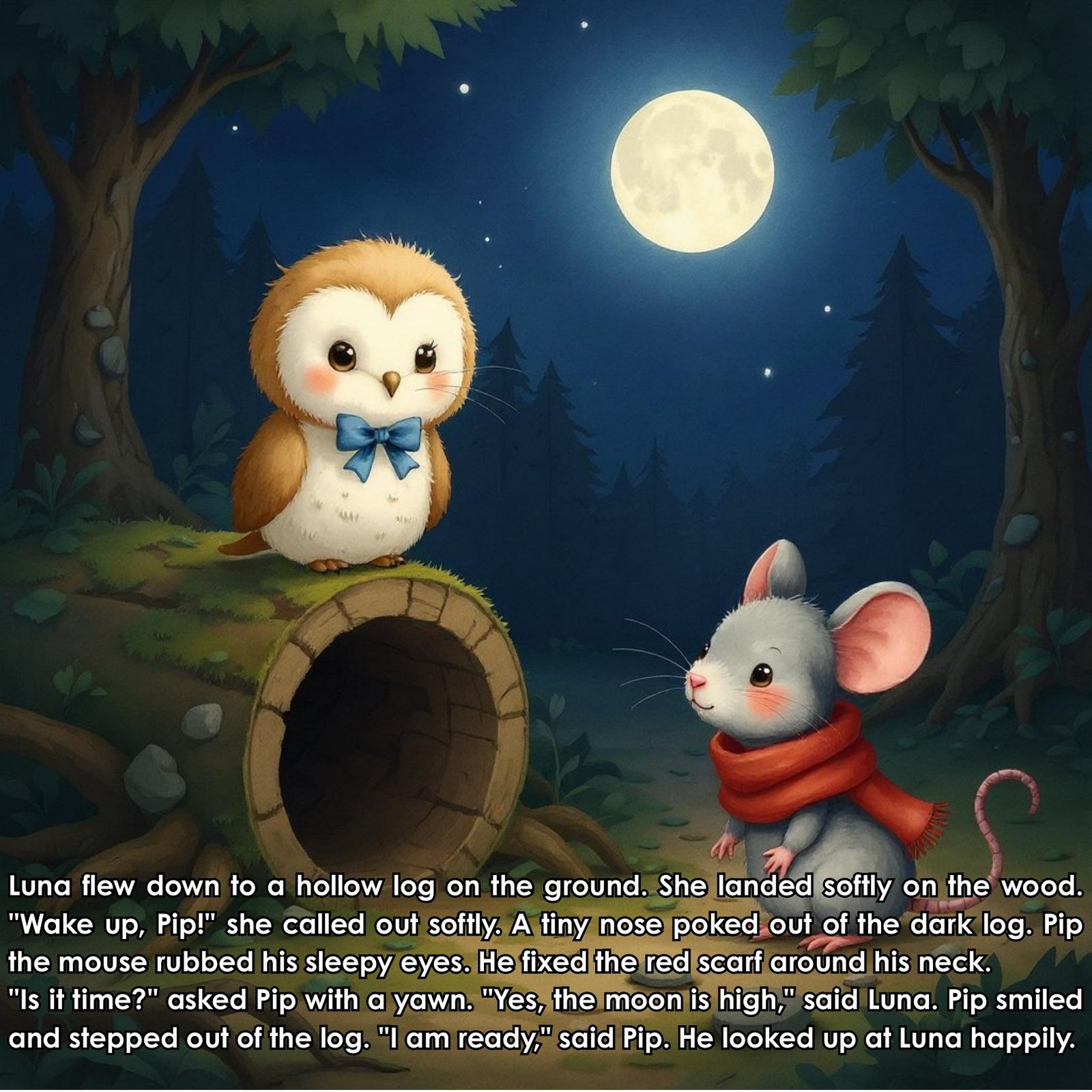 Luna flew down to a hollow log on the ground. She landed softly on the wood.
"Wake up, Pip!" she called out softly. A tiny nose poked out of the dark log. Pip
the mouse rubbed his sleepy eyes. He fixed the red scarf around his neck.
"Is it time?" asked Pip with a yawn. "Yes, the moon is high," said Luna. Pip smiled
and stepped out of the log. "I am ready," said Pip. He looked up at Luna happily.