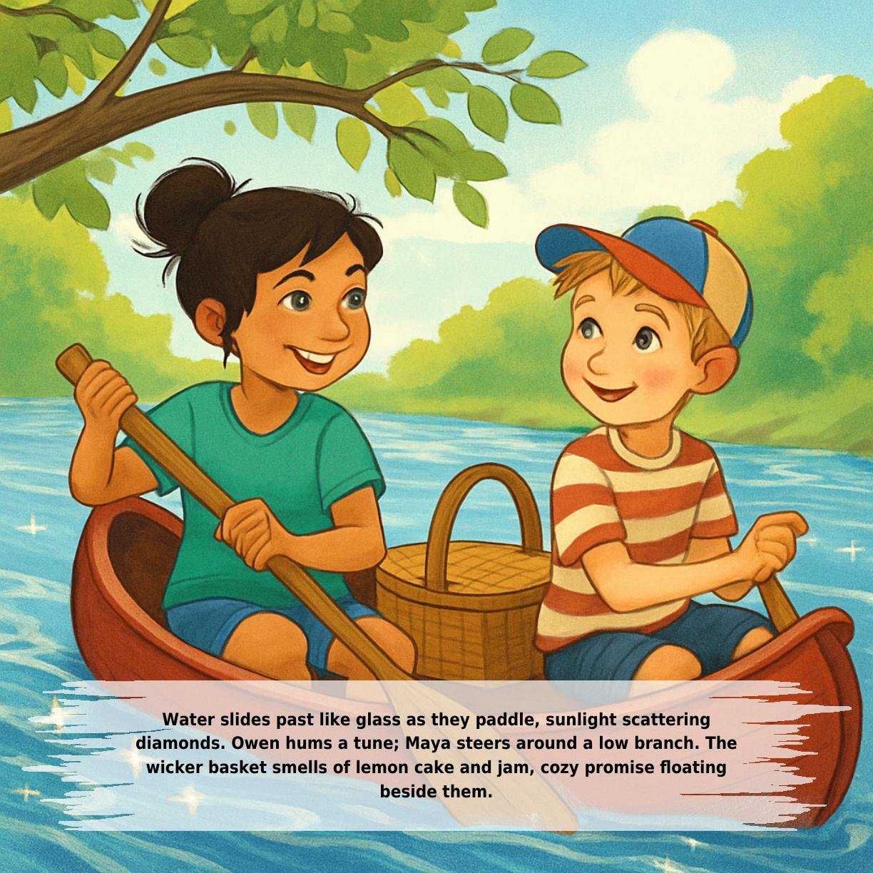 Water slides past like glass as they paddle, sunlight scattering
diamonds. Owen hums a tune; Maya steers around a low branch. The
wicker basket smells of lemon cake and jam, cozy promise floating
beside them.