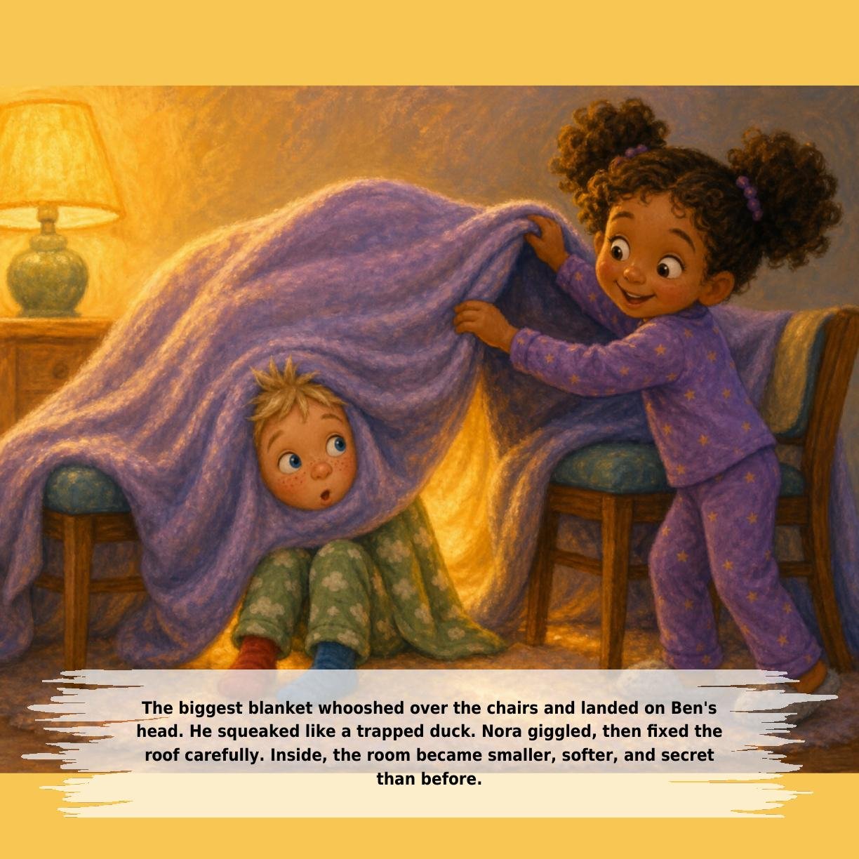 The biggest blanket whooshed over the chairs and landed on Ben's
head. He squeaked like a trapped duck. Nora giggled, then fixed the
roof carefully. Inside, the room became smaller, softer, and secret
than before.