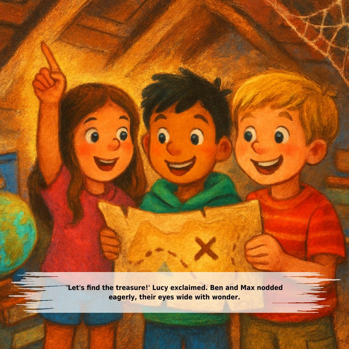 'Let's find the treasure!' Lucy exclaimed. Ben and Max nodded
eagerly, their eyes wide with wonder.