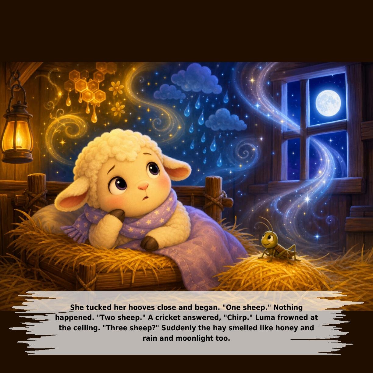 She tucked her hooves close and began. "One sheep." Nothing
happened. "Two sheep." A cricket answered, "Chirp." Luma frowned at
the ceiling. "Three sheep?" Suddenly the hay smelled like honey and
rain and moonlight too.