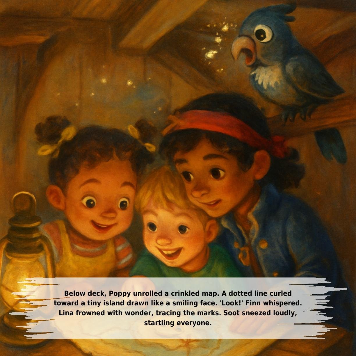 Below deck, Poppy unrolled a crinkled map. A dotted line curled
toward a tiny island drawn like a smiling face. 'Look!' Finn whispered.
Lina frowned with wonder, tracing the marks. Soot sneezed loudly,
startling everyone.