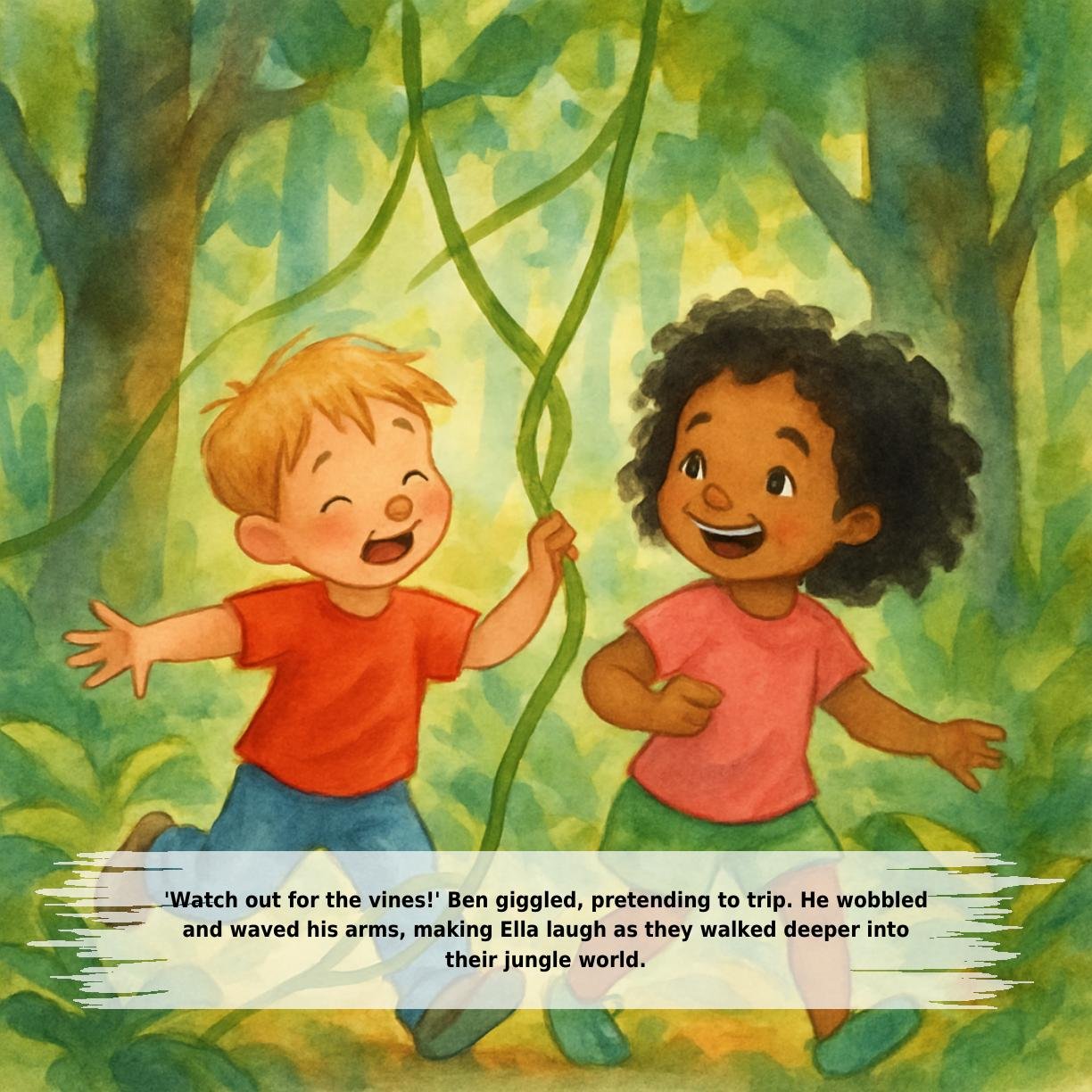 'Watch out for the vines!' Ben giggled, pretending to trip. He wobbled
and waved his arms, making Ella laugh as they walked deeper into
their jungle world.