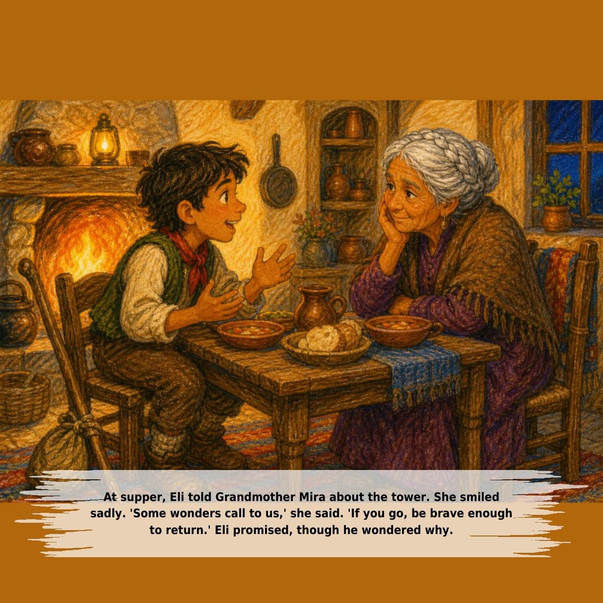 At supper, Eli told Grandmother Mira about the tower. She smiled
sadly. 'Some wonders call to us,' she said. 'If you go, be brave enough
to return.' Eli promised, though he wondered why.