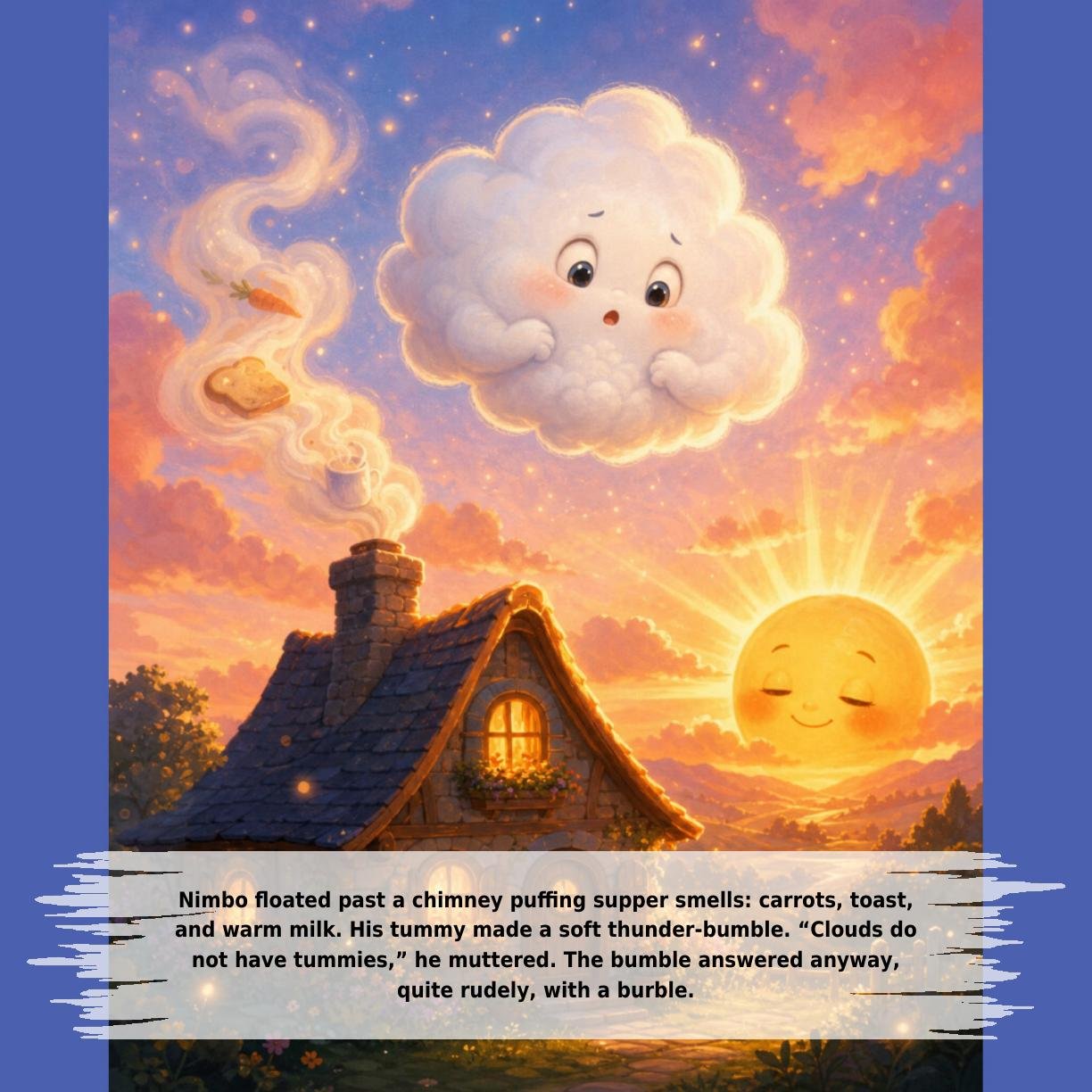 Nimbo floated past a chimney puffing supper smells: carrots, toast,
and warm milk. His tummy made a soft thunder-bumble. “Clouds do
not have tummies,” he muttered. The bumble answered anyway,
quite rudely, with a burble.