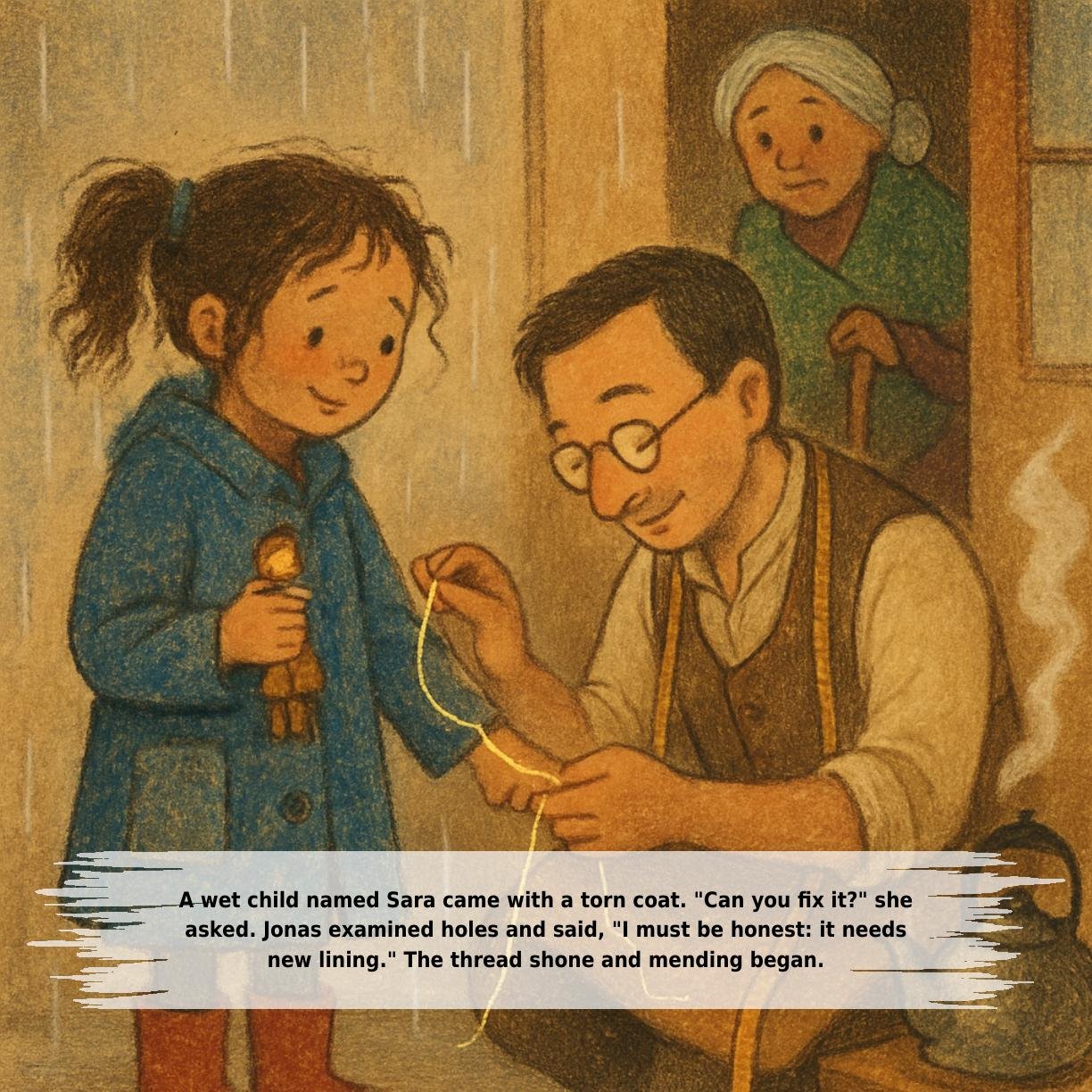 A wet child named Sara came with a torn coat. "Can you fix it?" she
asked. Jonas examined holes and said, "I must be honest: it needs
new lining." The thread shone and mending began.