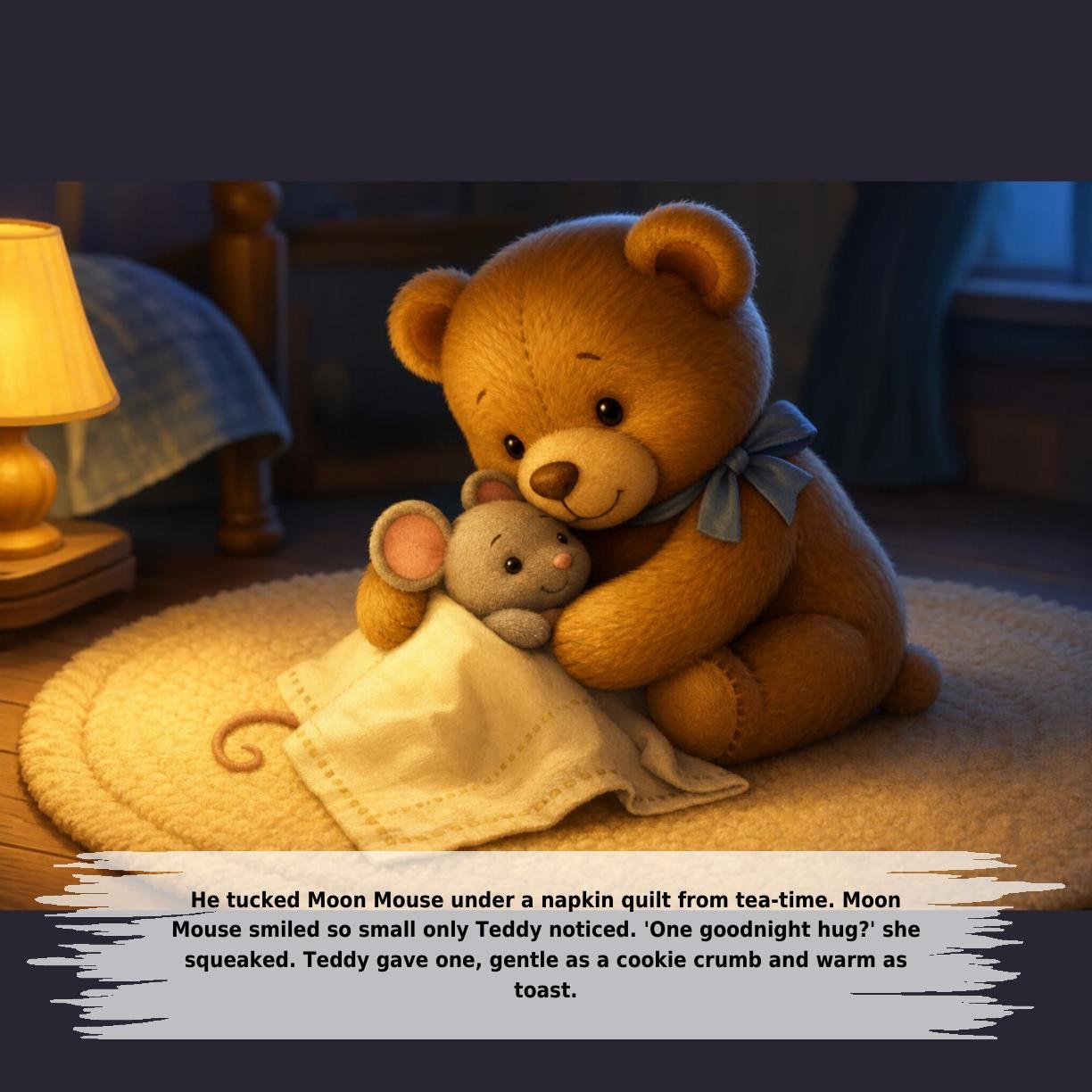 He tucked Moon Mouse under a napkin quilt from tea-time. Moon
Mouse smiled so small only Teddy noticed. 'One goodnight hug?' she
squeaked. Teddy gave one, gentle as a cookie crumb and warm as
toast.