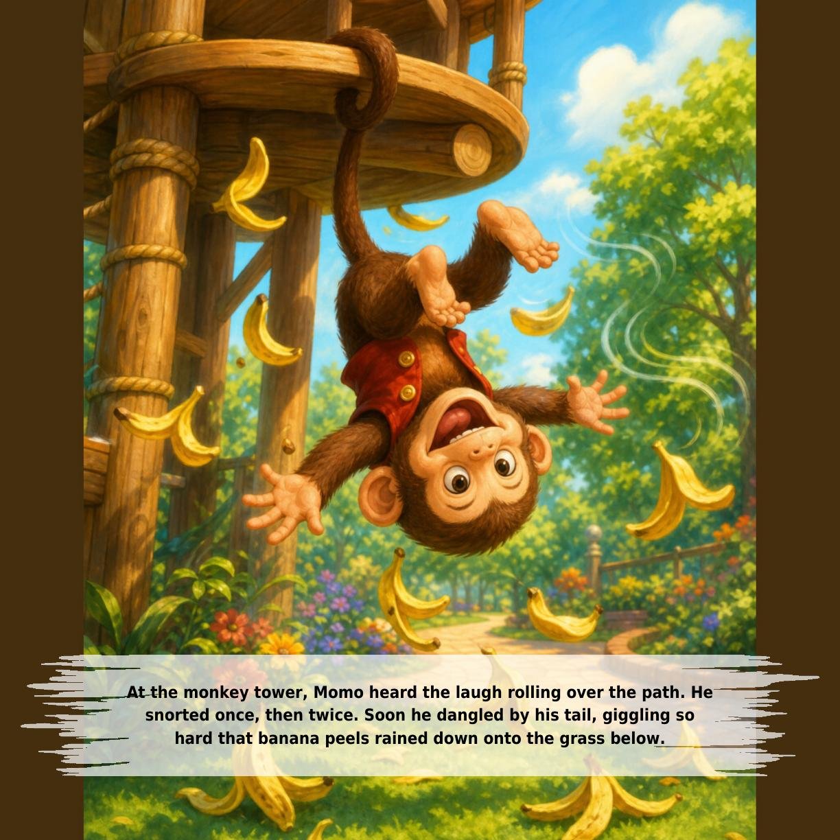 At the monkey tower, Momo heard the laugh rolling over the path. He
snorted once, then twice. Soon he dangled by his tail, giggling so
hard that banana peels rained down onto the grass below.