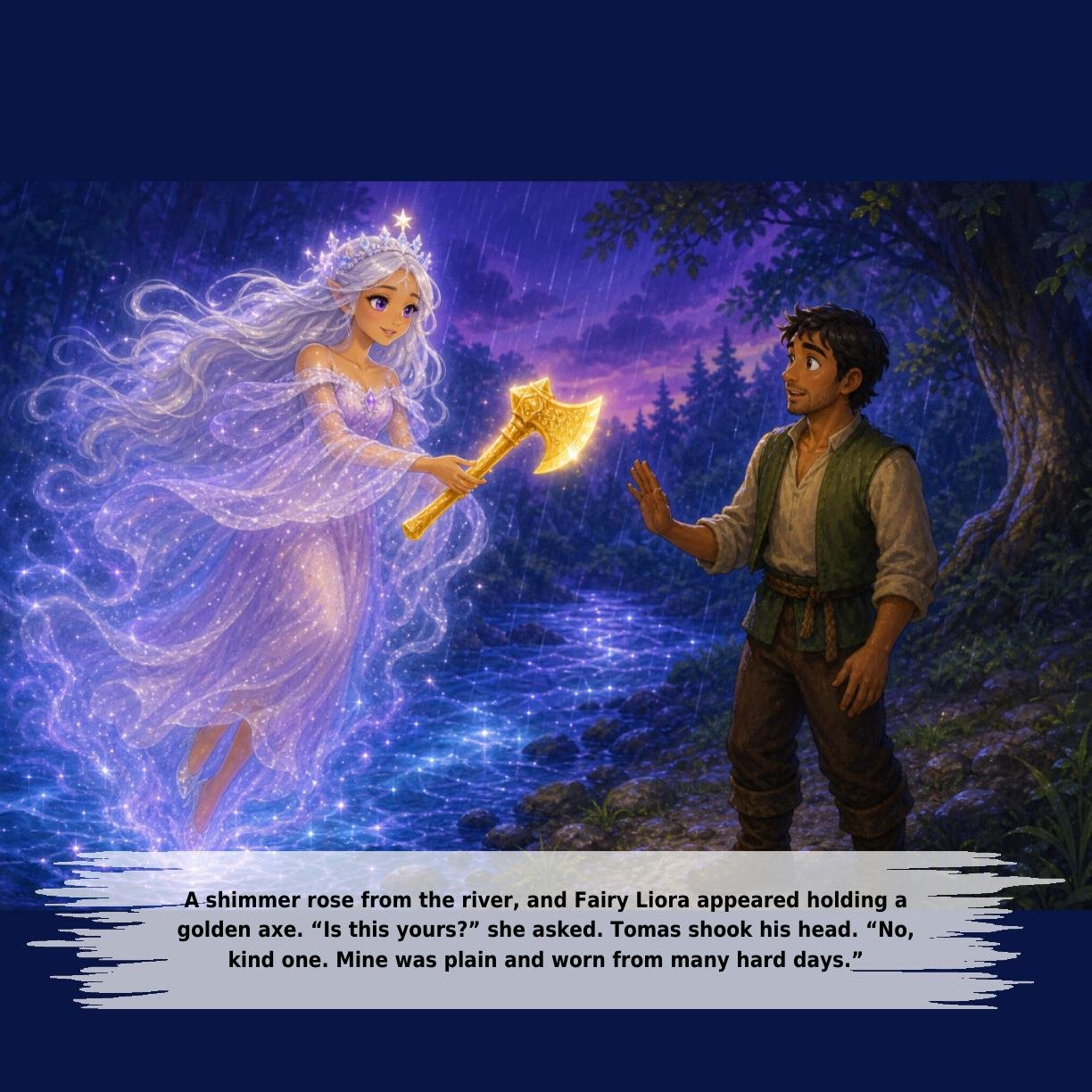 A shimmer rose from the river, and Fairy Liora appeared holding a
golden axe. “Is this yours?” she asked. Tomas shook his head. “No,
kind one. Mine was plain and worn from many hard days.”