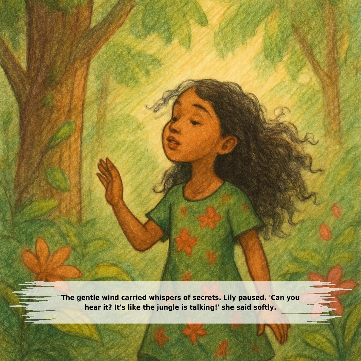 The gentle wind carried whispers of secrets. Lily paused. 'Can you
hear it? It's like the jungle is talking!' she said softly.