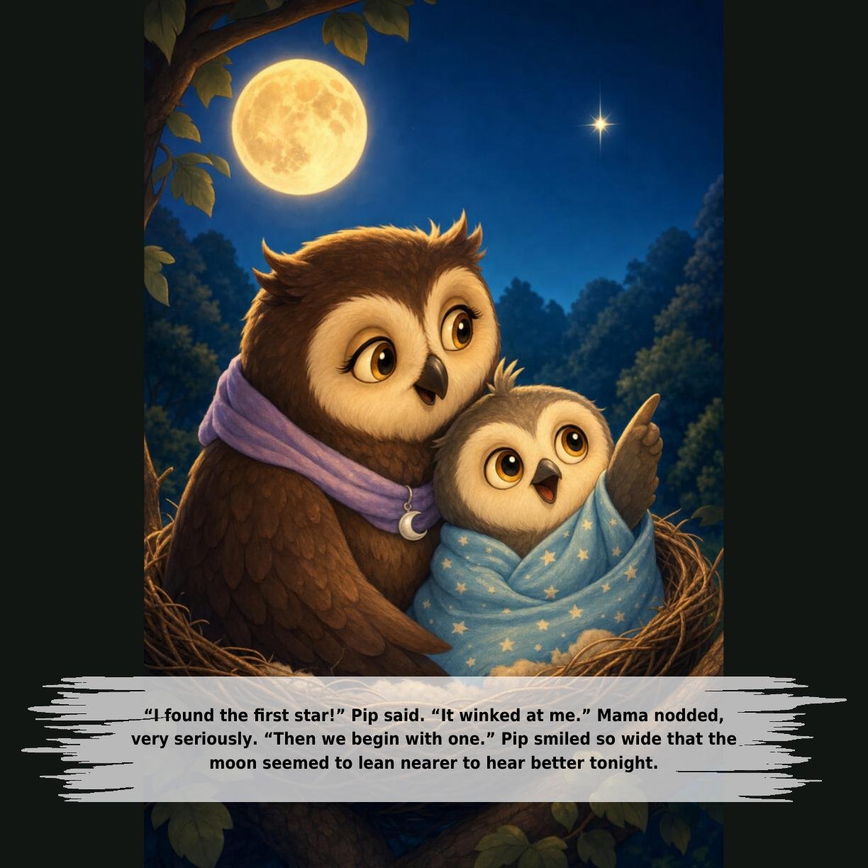 “I found the first star!” Pip said. “It winked at me.” Mama nodded,
very seriously. “Then we begin with one.” Pip smiled so wide that the
moon seemed to lean nearer to hear better tonight.