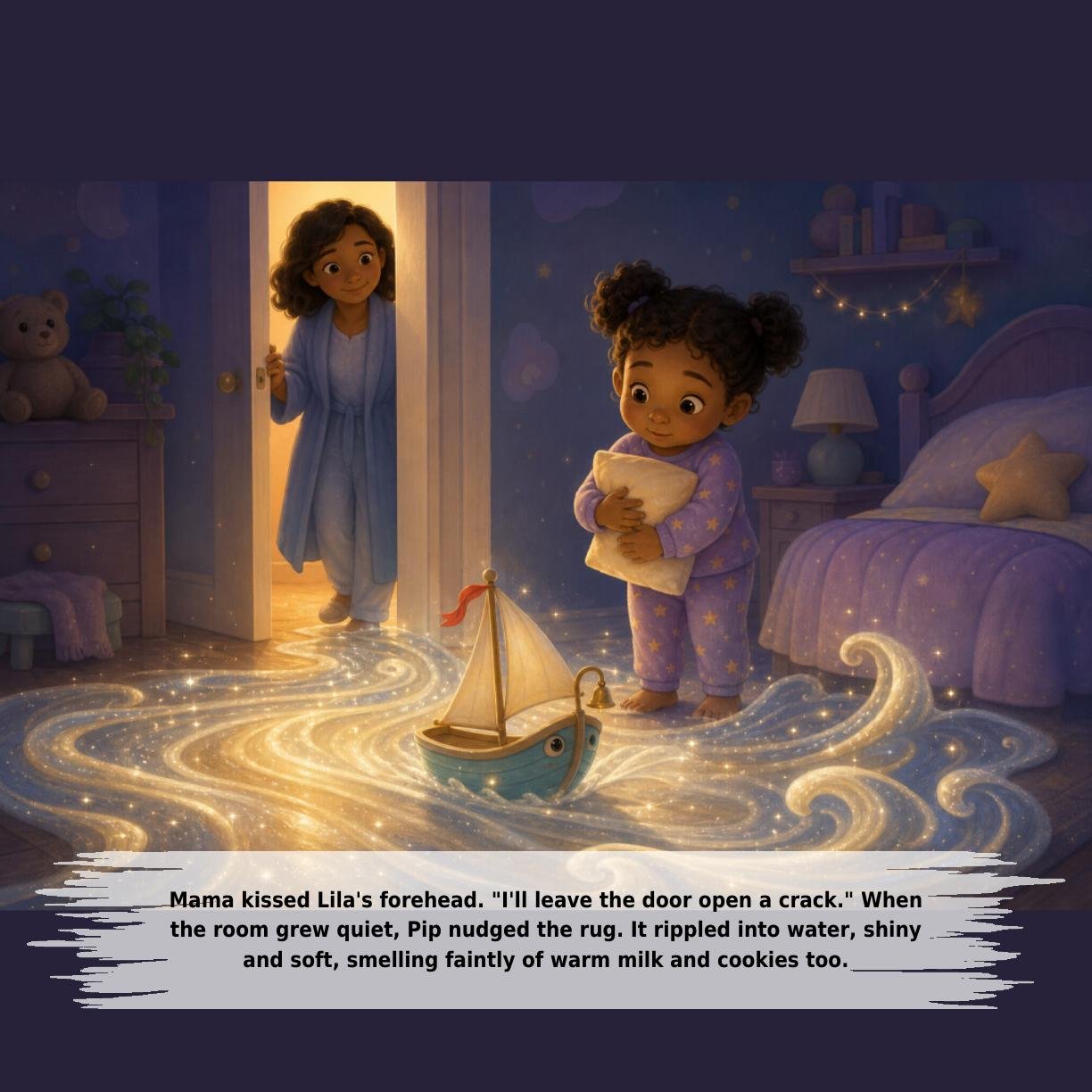 Mama kissed Lila's forehead. "I'll leave the door open a crack." When
the room grew quiet, Pip nudged the rug. It rippled into water, shiny
and soft, smelling faintly of warm milk and cookies too.