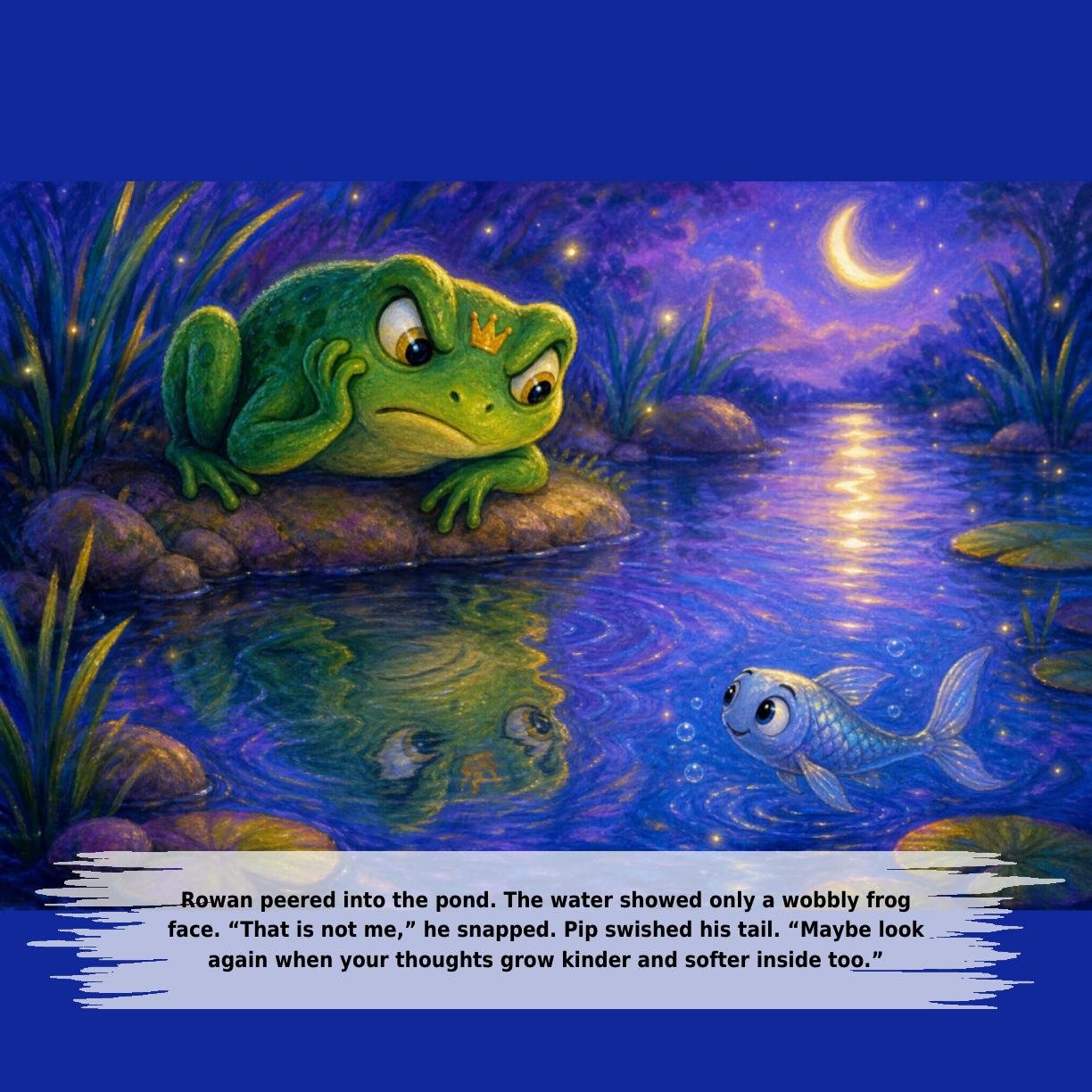 Rowan peered into the pond. The water showed only a wobbly frog
face. “That is not me,” he snapped. Pip swished his tail. “Maybe look
again when your thoughts grow kinder and softer inside too.”
