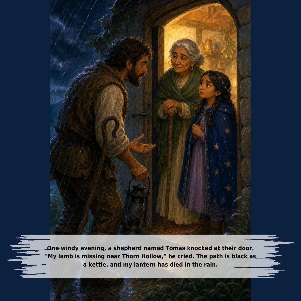 One windy evening, a shepherd named Tomas knocked at their door.
"My lamb is missing near Thorn Hollow," he cried. The path is black as
a kettle, and my lantern has died in the rain.