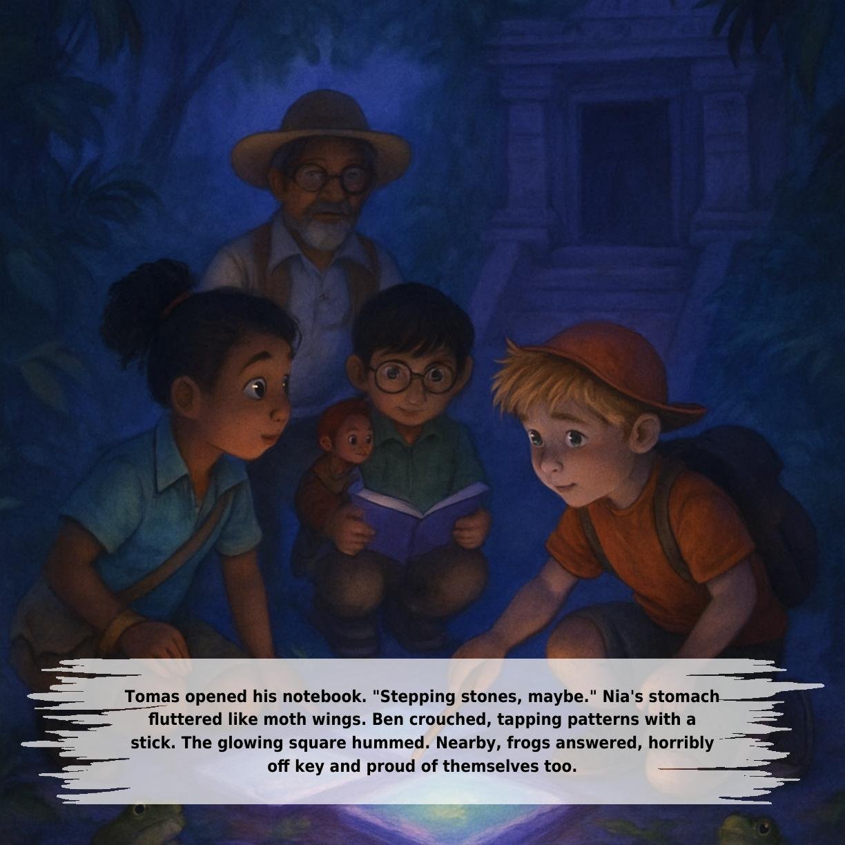 Tomas opened his notebook. "Stepping stones, maybe." Nia's stomach
fluttered like moth wings. Ben crouched, tapping patterns with a
stick. The glowing square hummed. Nearby, frogs answered, horribly
off key and proud of themselves too.