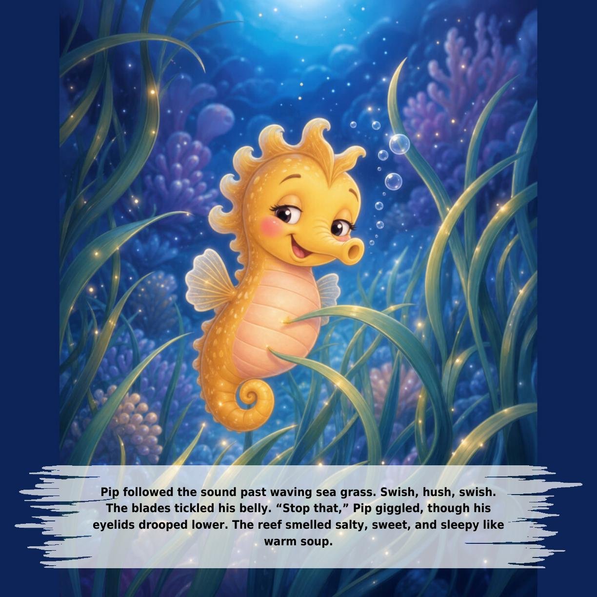Pip followed the sound past waving sea grass. Swish, hush, swish.
The blades tickled his belly. “Stop that,” Pip giggled, though his
eyelids drooped lower. The reef smelled salty, sweet, and sleepy like
warm soup.