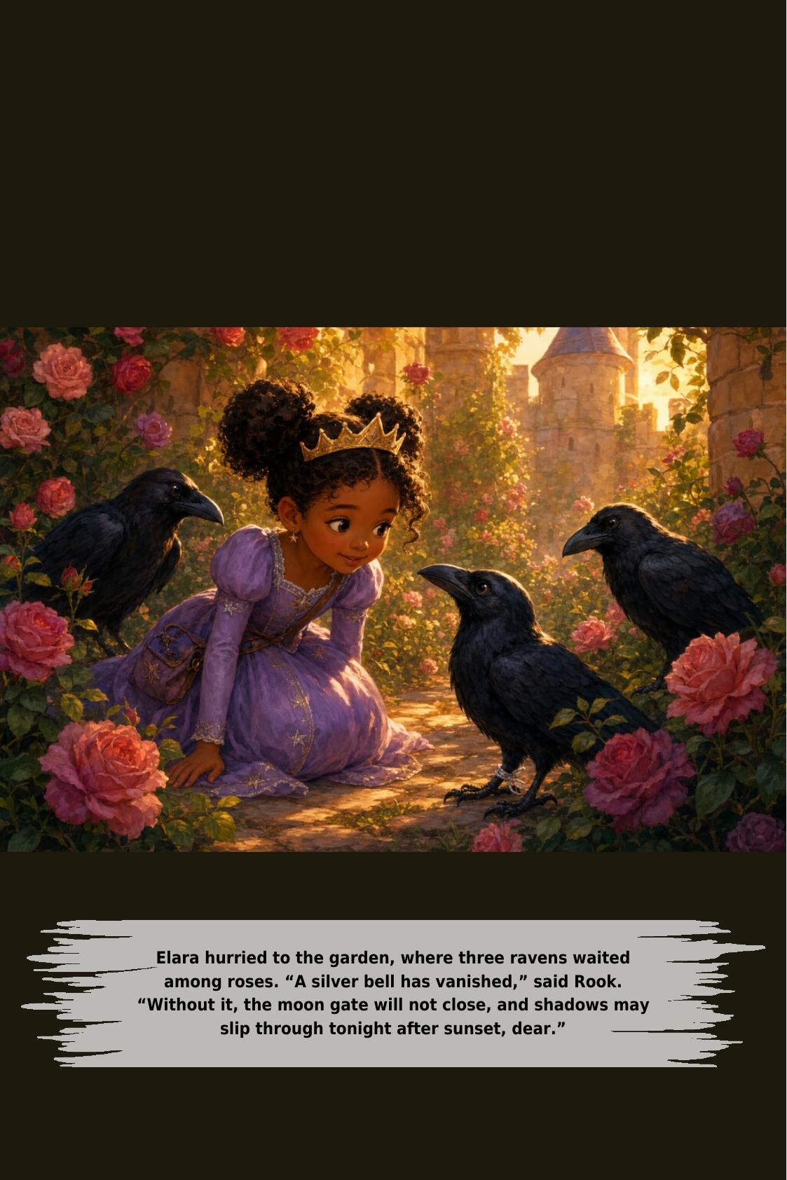 Elara hurried to the garden, where three ravens waited
among roses. “A silver bell has vanished,” said Rook.
“Without it, the moon gate will not close, and shadows may
slip through tonight after sunset, dear.”