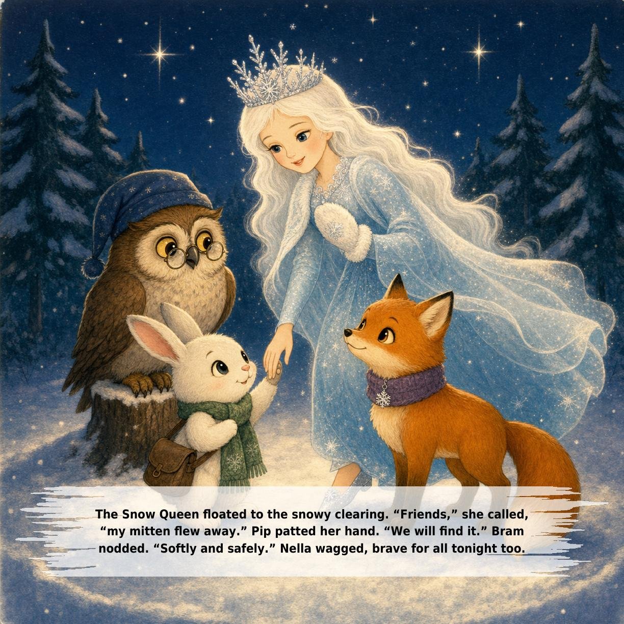 The Snow Queen floated to the snowy clearing. “Friends,” she called,
“my mitten flew away.” Pip patted her hand. “We will find it.” Bram
nodded. “Softly and safely.” Nella wagged, brave for all tonight too.