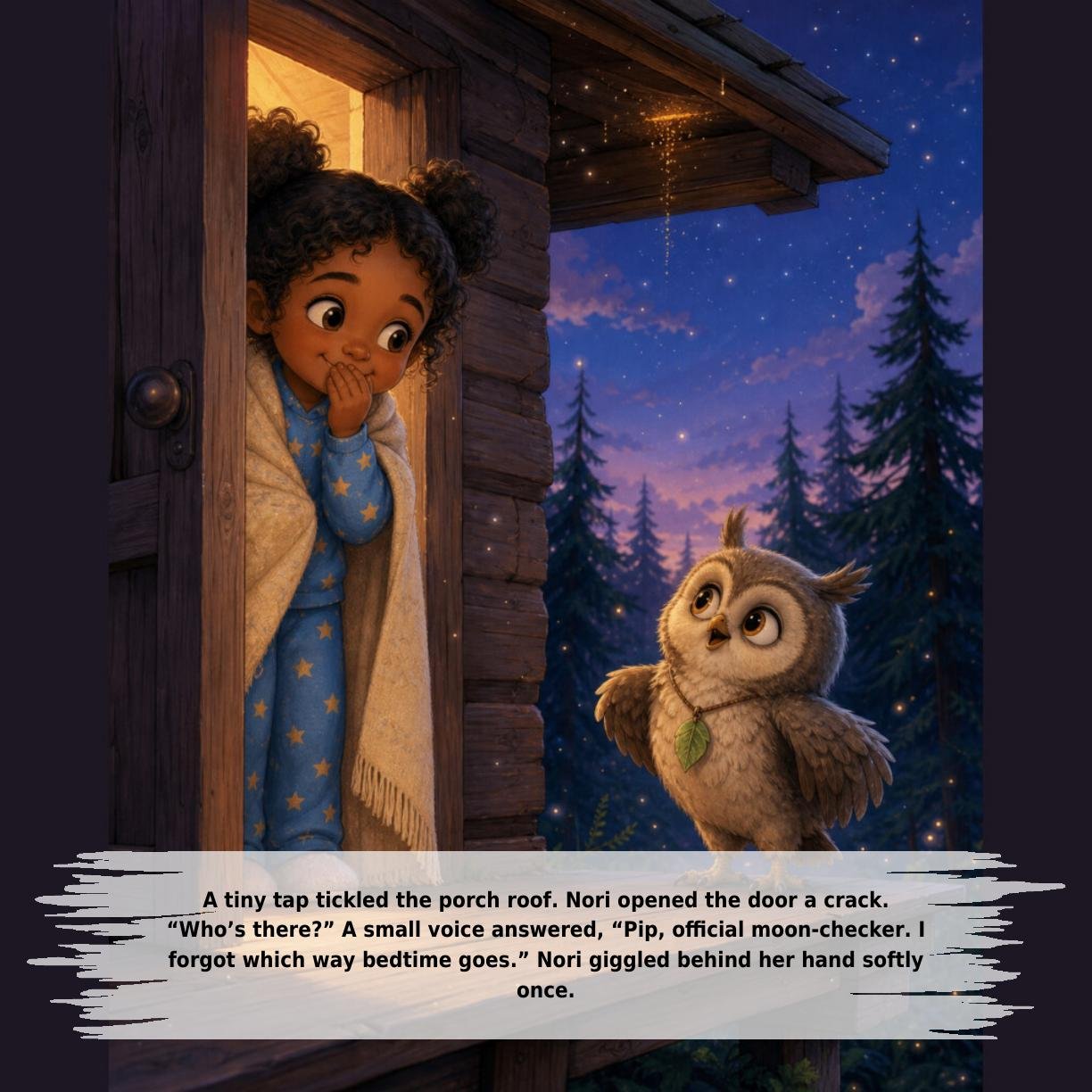A tiny tap tickled the porch roof. Nori opened the door a crack.
“Who’s there?” A small voice answered, “Pip, official moon-checker. I
forgot which way bedtime goes.” Nori giggled behind her hand softly
once.