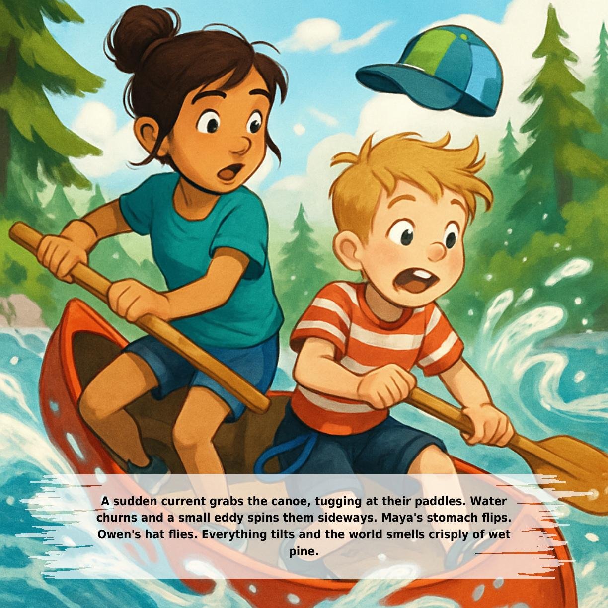 A sudden current grabs the canoe, tugging at their paddles. Water
churns and a small eddy spins them sideways. Maya's stomach flips.
Owen's hat flies. Everything tilts and the world smells crisply of wet
pine.