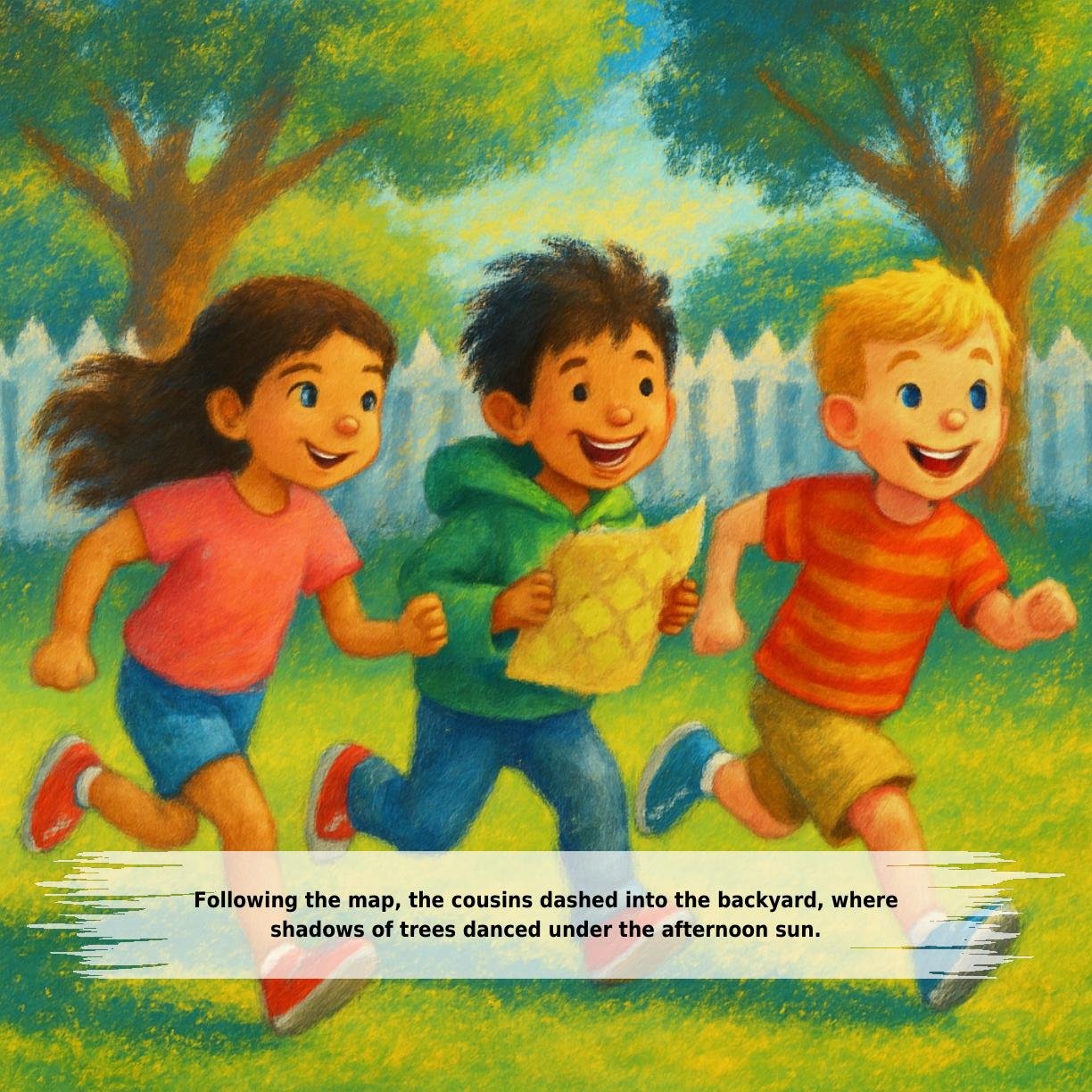 Following the map, the cousins dashed into the backyard, where
shadows of trees danced under the afternoon sun.